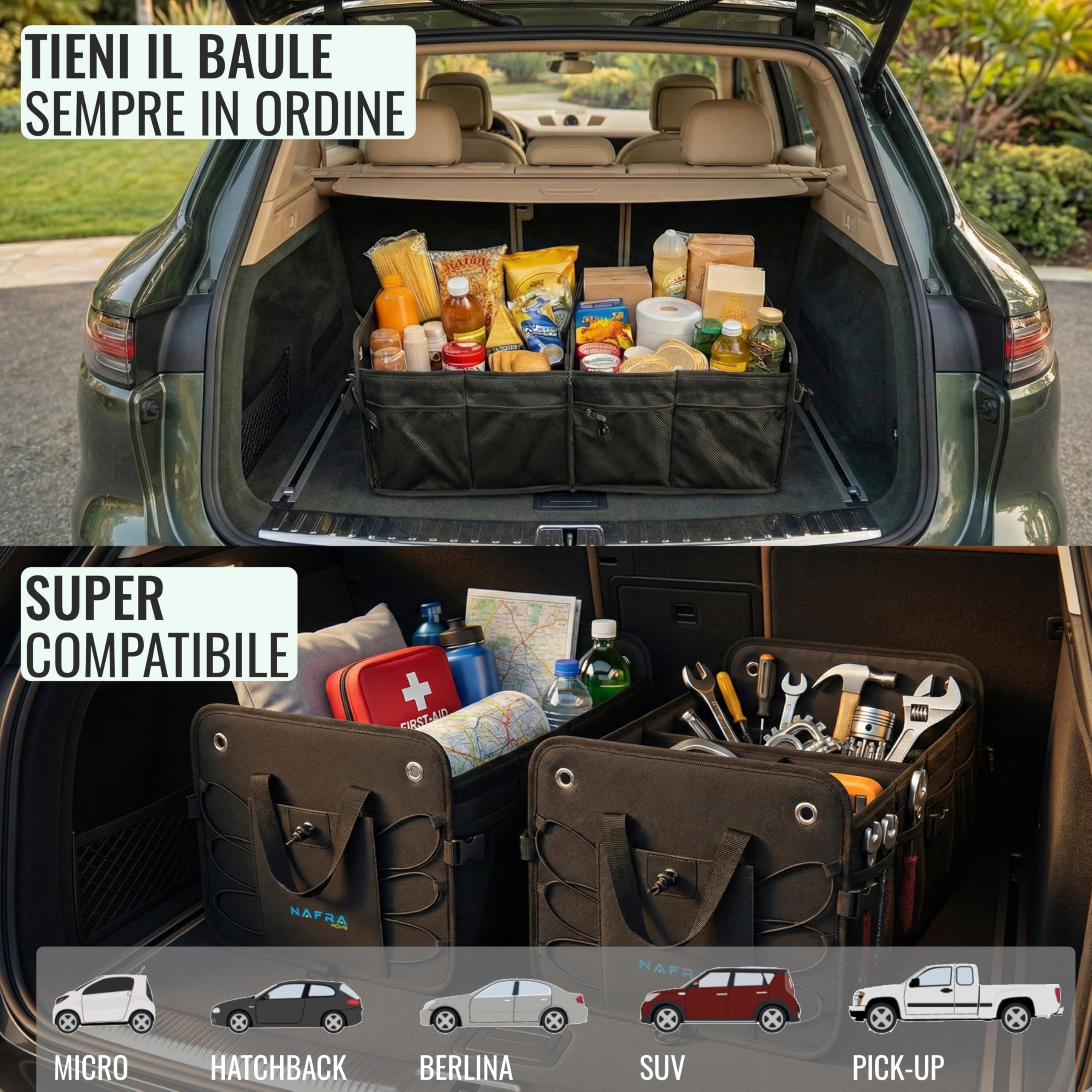Organizer Bagagliaio Auto 65L | Organizer Auto 57x37x32cm | Accessori Auto Pieghevole con Coperchio e Base Antiscivolo Oxford 600D Impermeabile per SUV e Camion.