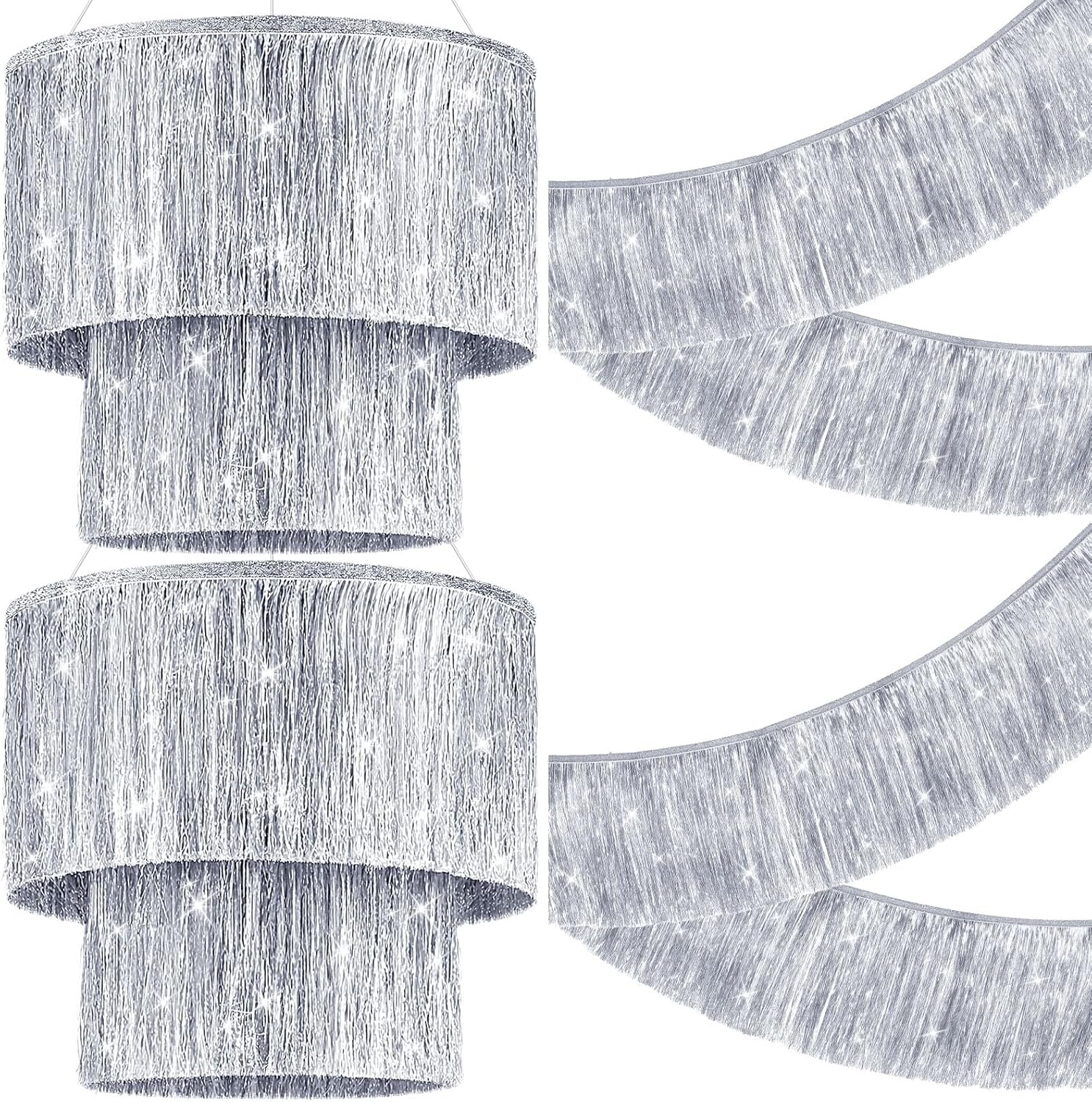 Novabright 4 Pcs 2 Tier Iridescent Fringe Tinsel Chandelier 5 ft Iridescent Fringe Banner Shimmering Foil Party Disco Ball Decor Shiny Ceiling Banner for Wedding Birthday 1920s Themed Parties(Silver)