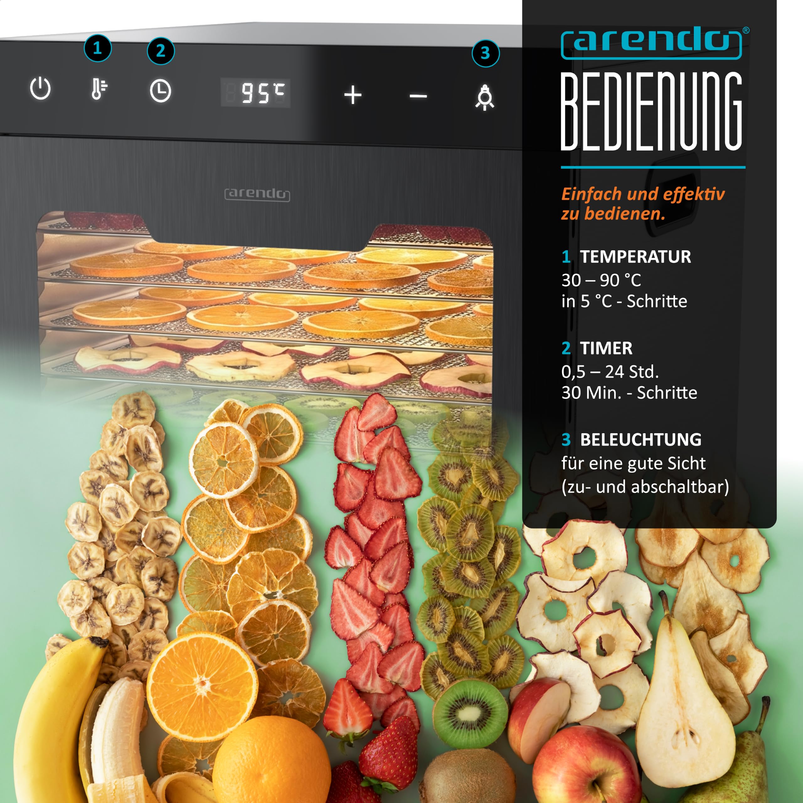Arendo - Dörrautomat Edelstahl mit 16 Edelstahlgitter - 1000 Watt - 13400 cm² - 8 Programme - Dörrgerät Dehydrator Obsttrockner Dörrapparat - Obst Fleisch Pilze uvm - LED Touch Control