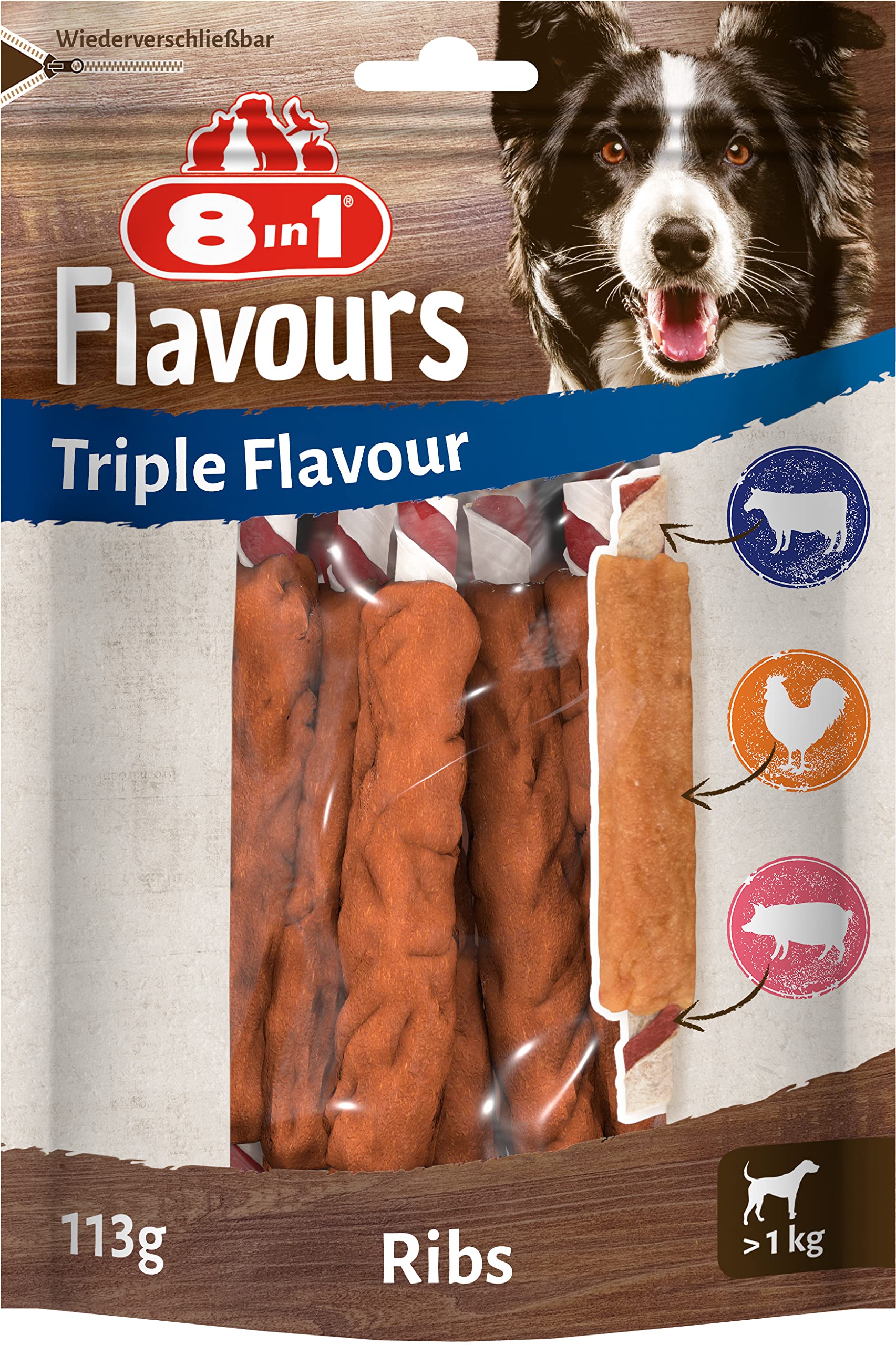 8in1 Triple Flavour Ribs Kaustangen für Hunde - Kausnacks mit extra viel Fleisch, 113g Beutel (ca. 6 Stück)