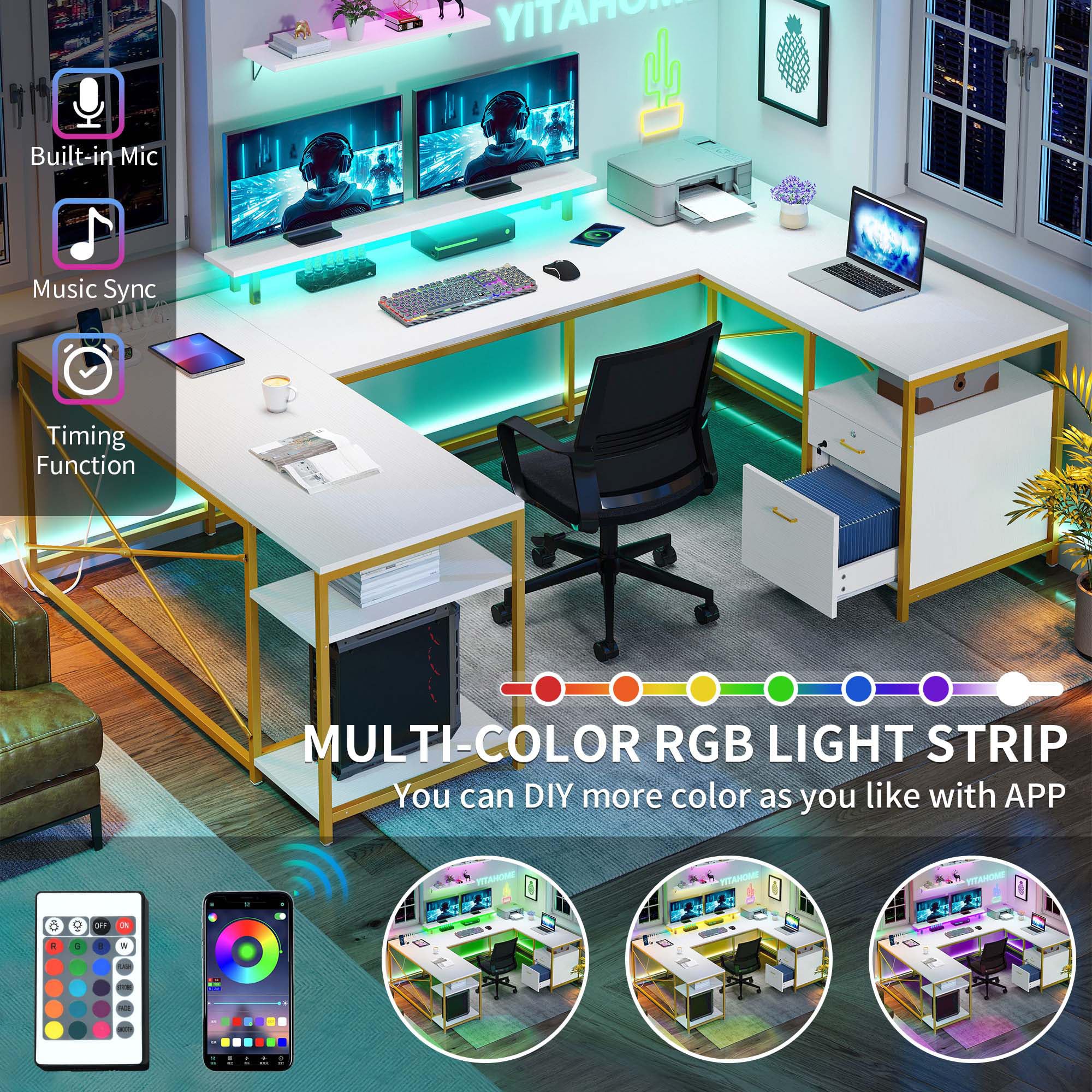 Amazon | YITAHOME U字デスク コンセント&LEDライト付き 79インチ