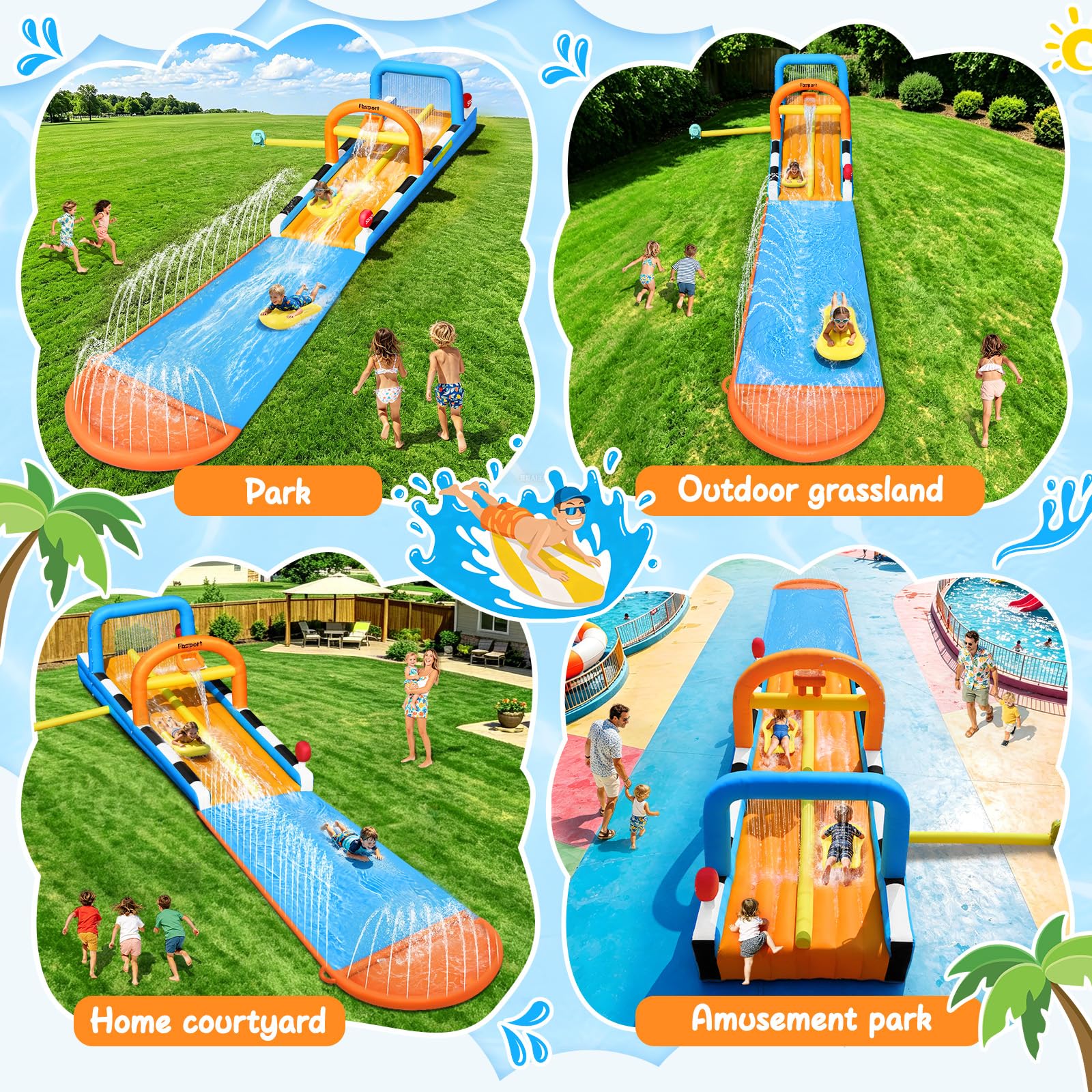 FBSPORT 10M Aufblasbare Wasserbahn | Wasser Hüpfburg Outdoor mit Doppelte Rennbahn, Rasen Wasserrutsche mit Sprinklern & 2 Bodyboards, Wasserpark Kinder Garten