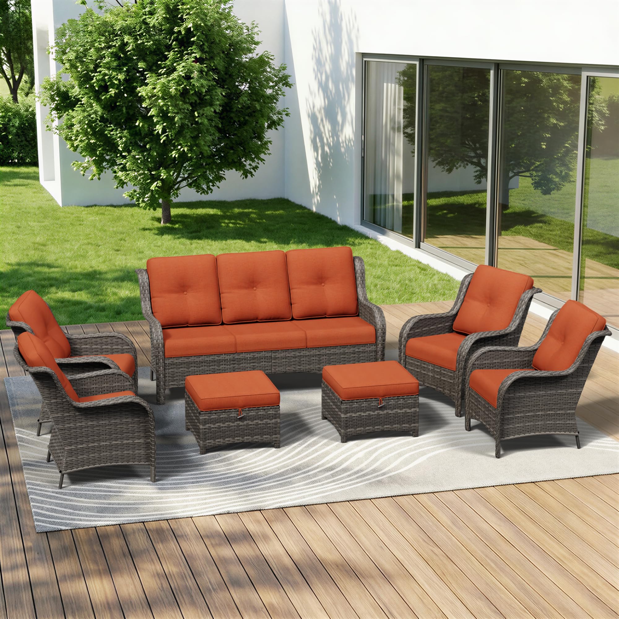 7 Piece Outdoor Wicker Patio Furniture Set, Patio Chairs Set with Thickened Olefin Cushions, High Back and Deep Seating, Hand-Woven PE Rattan, Ottoman for Porch, Deck