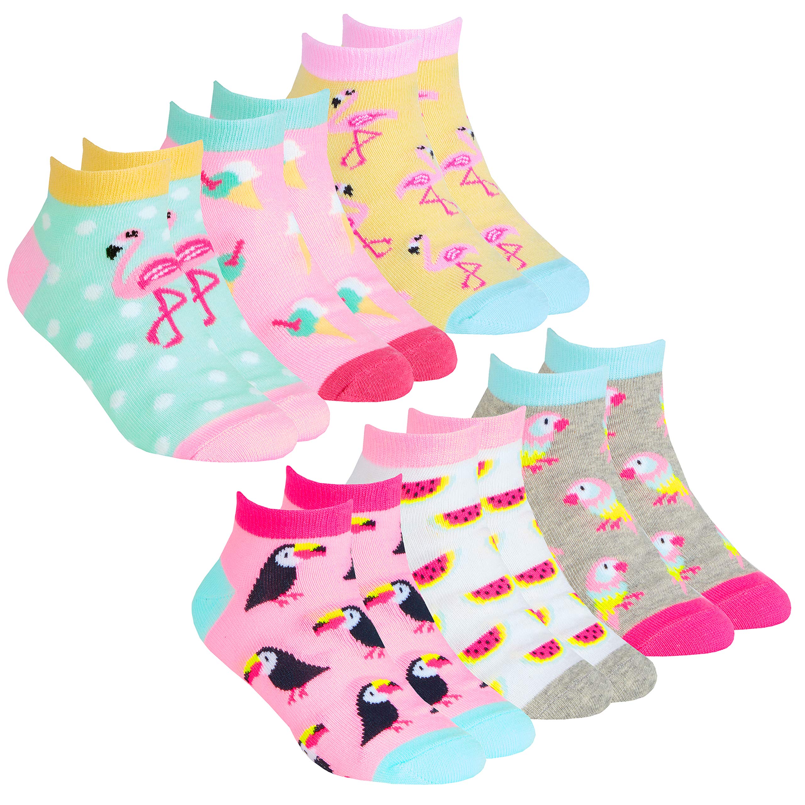 Metzuyan 6 Pairs Kids Girls Novelty Trainer Liner Socks Cotton Rich Low Cut 2 Pack Flamingo 6-8.5