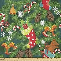 Vista 41 de Ambesonne Tela Navideña por Yarda, Tema Navideño con Hojas de Acebo Corona Bayas Ilustración Impresa, Tela Decorativa para Tapicería y Acentos