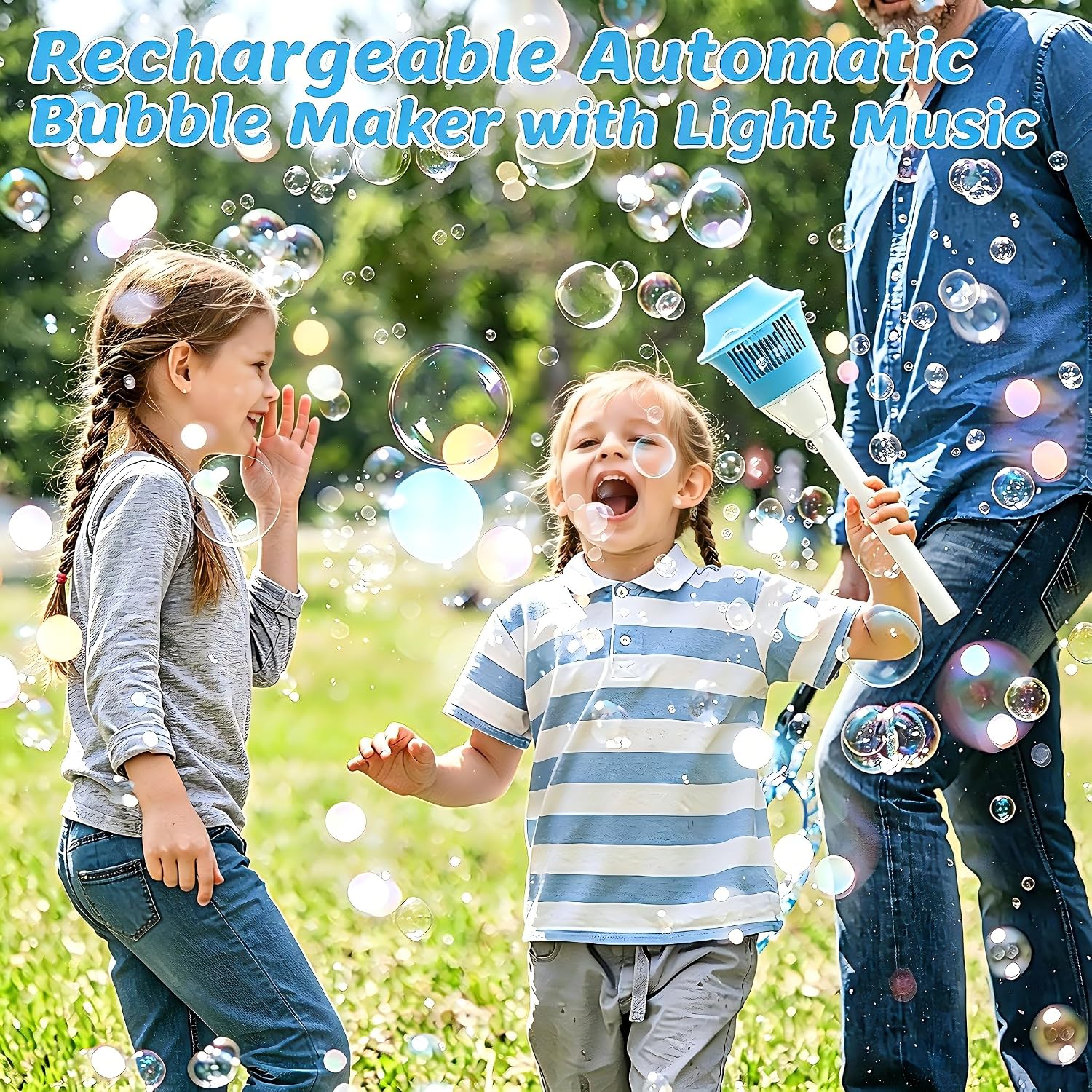 Bubble Machine Automatic,Vertical Bubble Machine for Parties,Outdoor Battery Bubble Machines with Light/Music for Birthday Wedding Party Gifts,Summer Outdoor Toys (Blue)