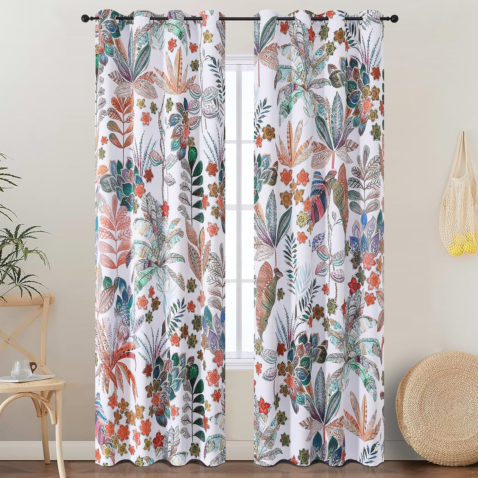 VEHEDE Room Drarkening Curtains, Modern Boho Curtain for Bedroom Printed Leaf Pattern 2 Panels Thermal Insulated Bohemian Eyelet White Drapes for Living Room W52 X L108 Inch