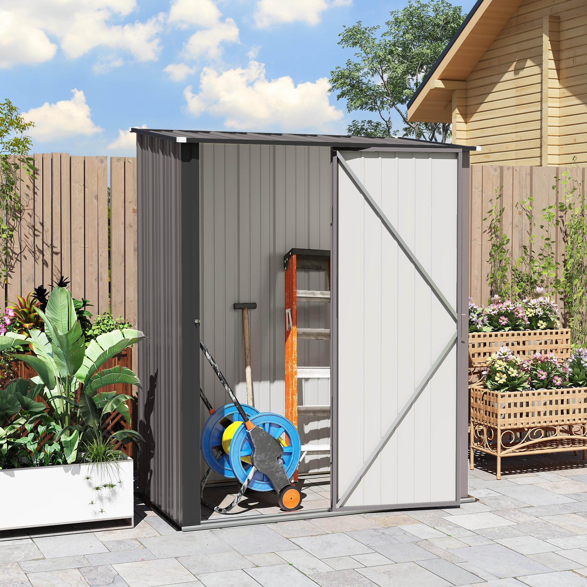 Outsunny Metall Gerätehaus 1,34m² 161,5 x 94,5 x 196cm Geräteschuppen mit Pultdach abschließbarer Tür wetterfest Garten Schuppen Hellgrau