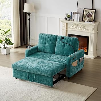 Modern Loveseat Pull-Out Sofa Bed with Adjustable Backrest, Two Cup Holders, A Phone Holder, Three Charging Ports and Side Storage Pockets for Living Room Teal-02