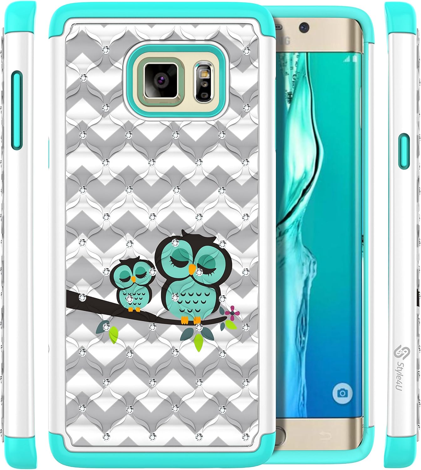 Style4U Galaxy S6 Edge Plus Case, Cute Owl Studded Rhinestone Crystal Bling Hybrid Armor Case Cover for Samsung Galaxy S6 Edge Plus / S6 Edge + with 1 Stylus [White/Teal]