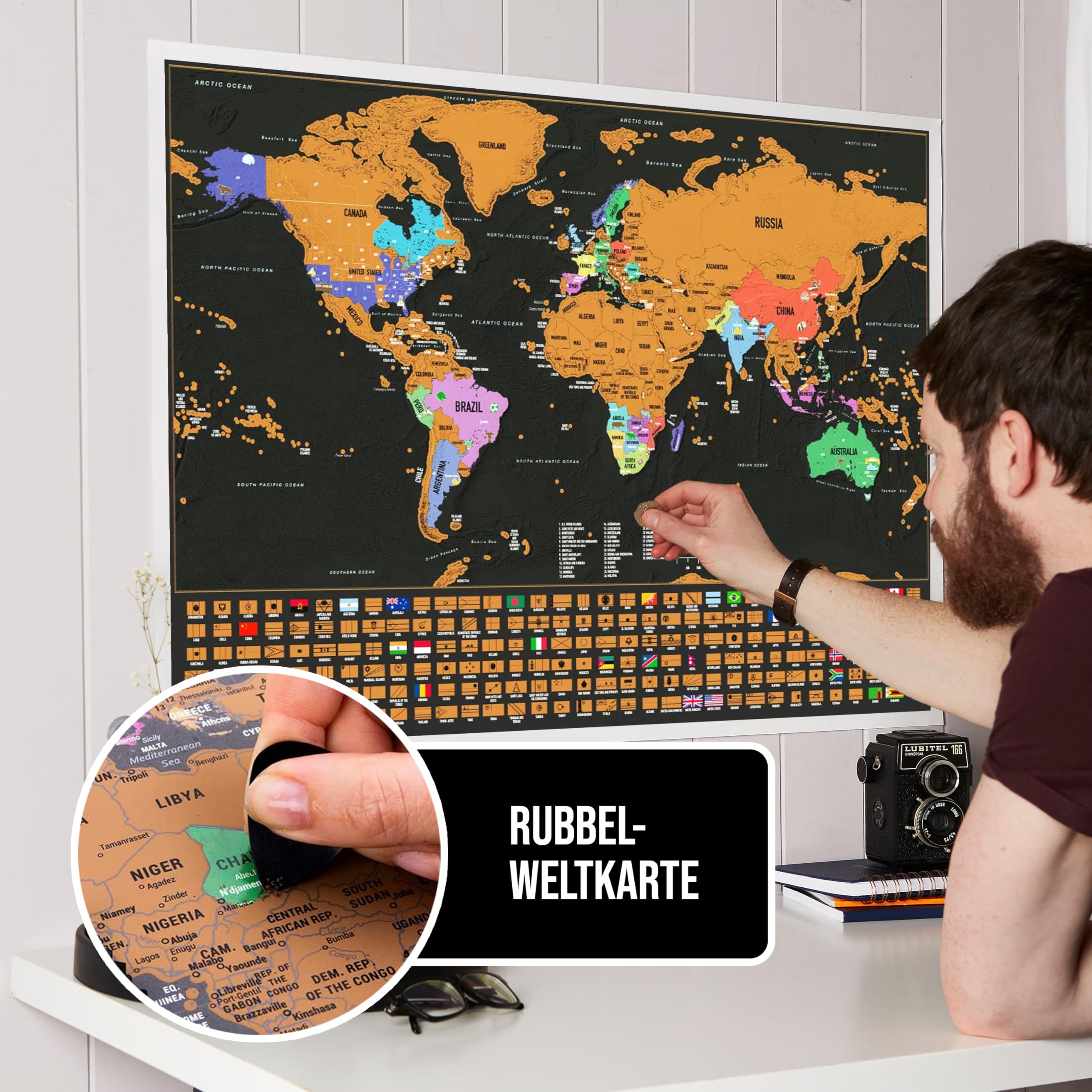 Rubbel Weltkarte mit Flaggen – Große Reisekarte zum Aufhängen mit Pins, Stickern & Zubehör – Gold-Schwarze Dekorative Weltkarte für Reiseplanung und Geografie Lernen