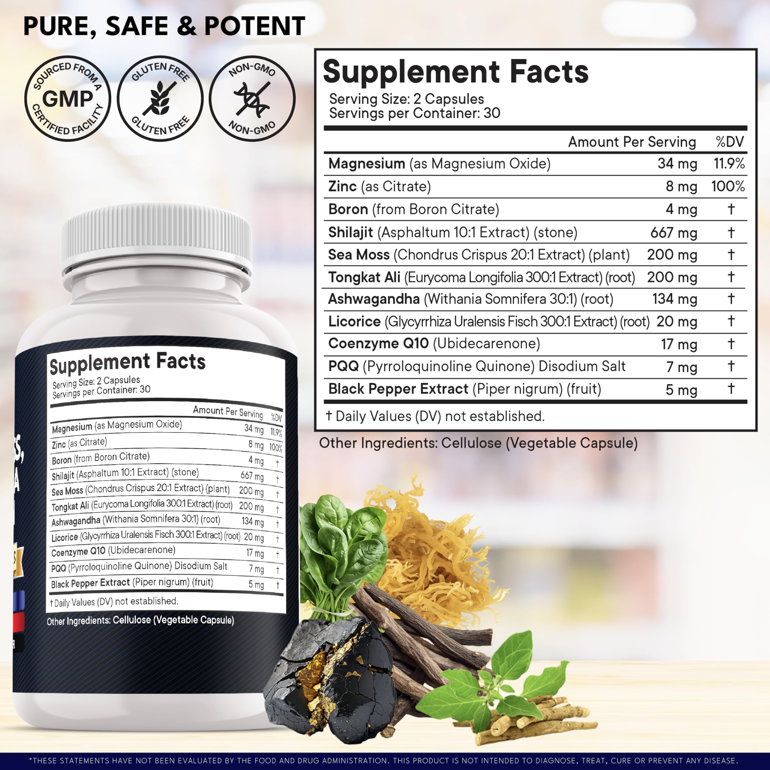 Shilajit Supplement with Sea Moss, Ashwagandha, Tongkat Ali, Boron, Magnesium - Fulvic Acid Capsules - 120 Count — Amazon image 5