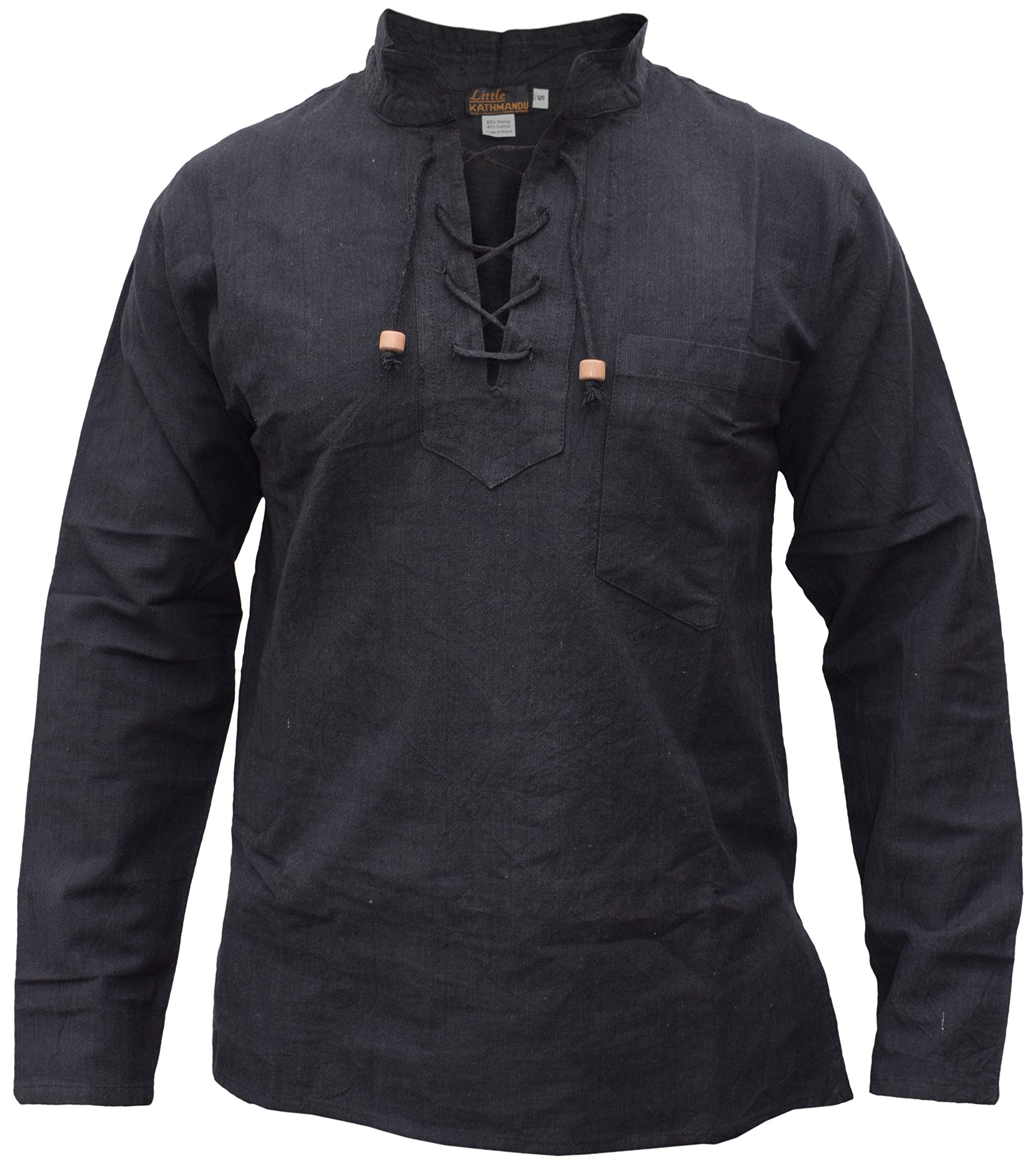 Gheri Men's Plain Black Hemp Cotton Lace Up V Neck Grandad Shirt Small
