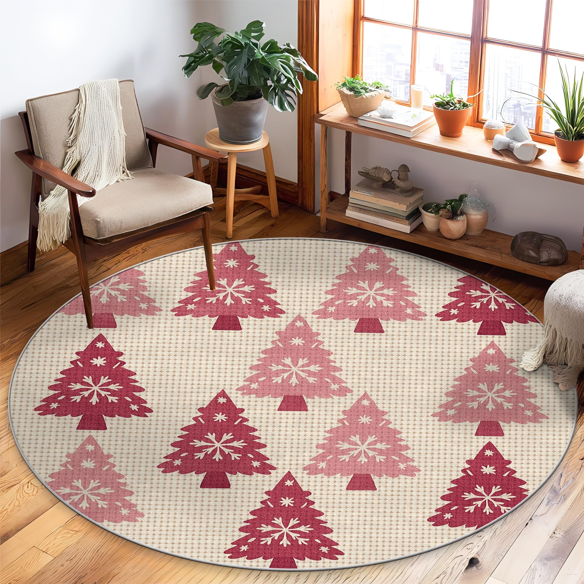 Tapis de sapin de Noël traditionnel rouge et blanc antidérapant rond 90cm pour salon