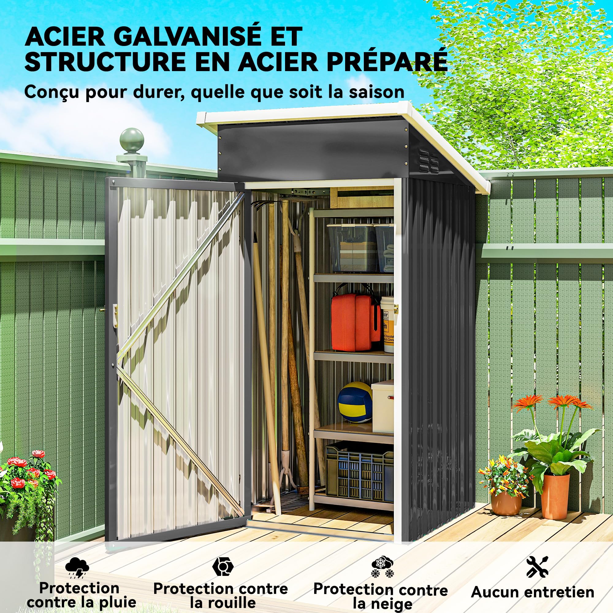 Outsunny Abri de Jardin en Métal Cabane 107,5 x 91 x 185 cm Gris Foncé | Cabane de Jardin Extérieure, Porte Verrouillable, Toit Incliné, Aérations, Gants, Cabanon Rangement Outils, Acier Galvanisé