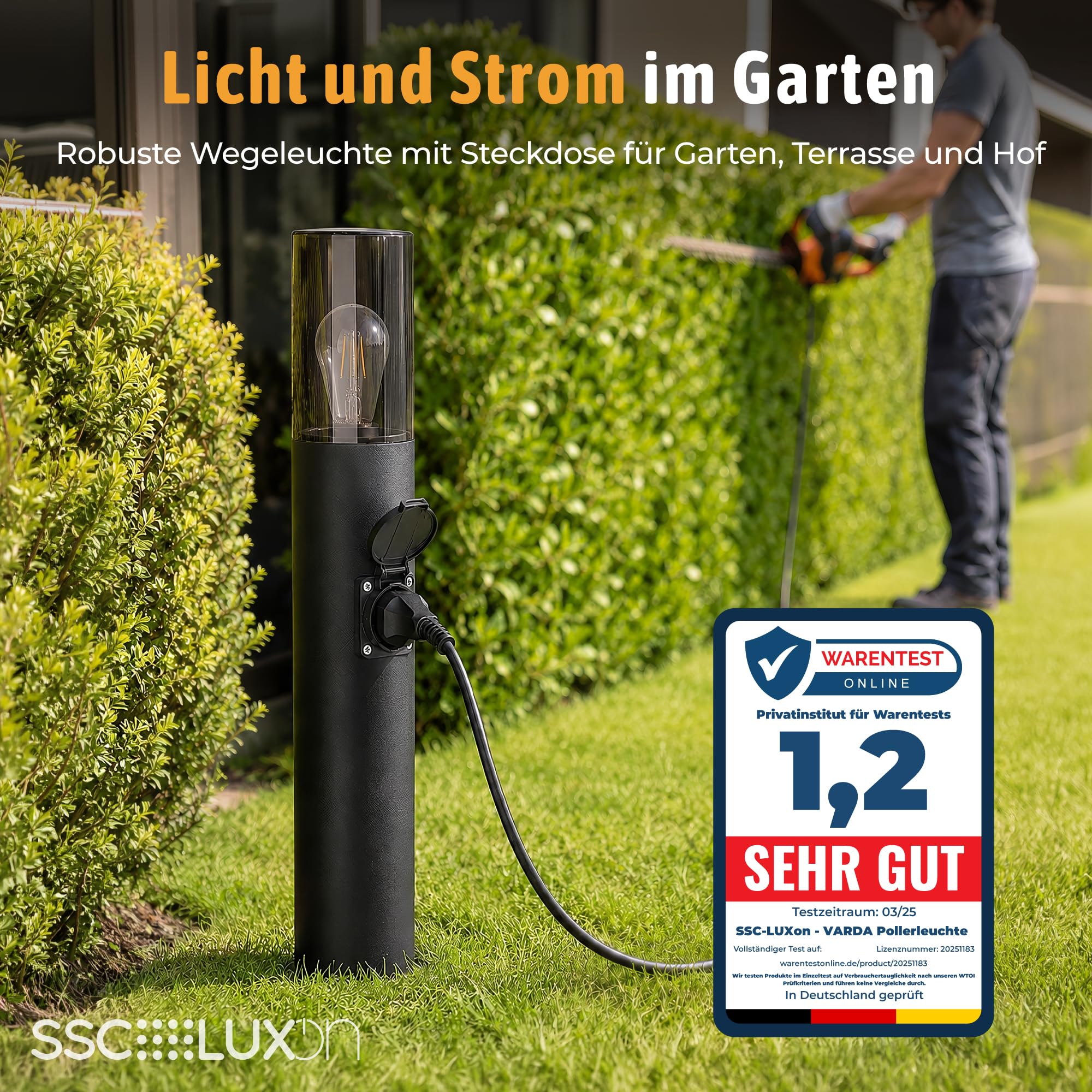 SSC-LUXon VARDA Außen Wegeleuchte mit Steckdose E27 Standleuchte schwarz Höhe 50cm - Außenleuchte Stehlampe mit Strom Anschluss 230V