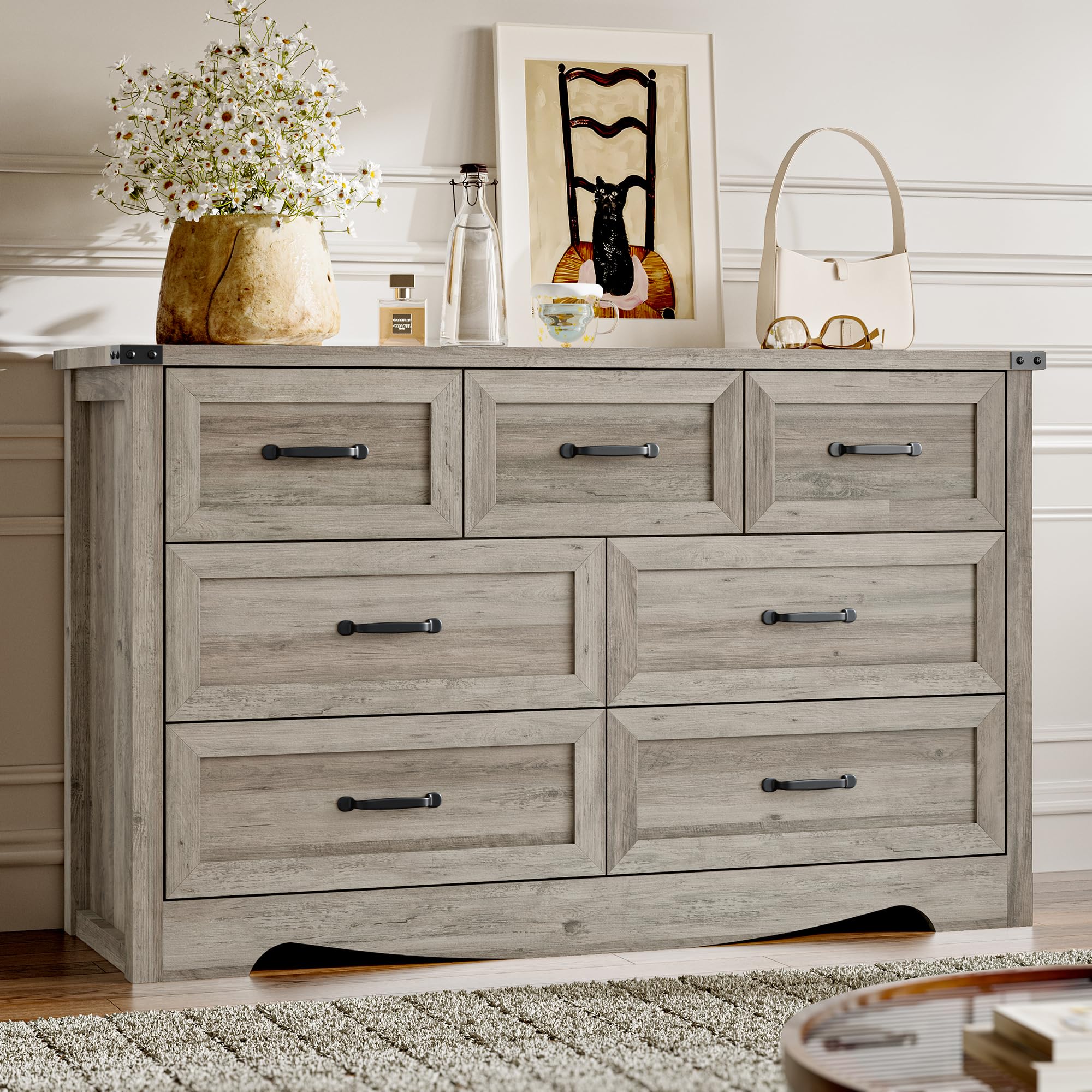 BORNOON 7-Drawer Dresser for Bedroom, Modern Wooden Chest of Drawers with Metal Handles, Anti-Tipping Design, Sturdy and Stable Storage Organizer for Living Room, Entryway, Home Office