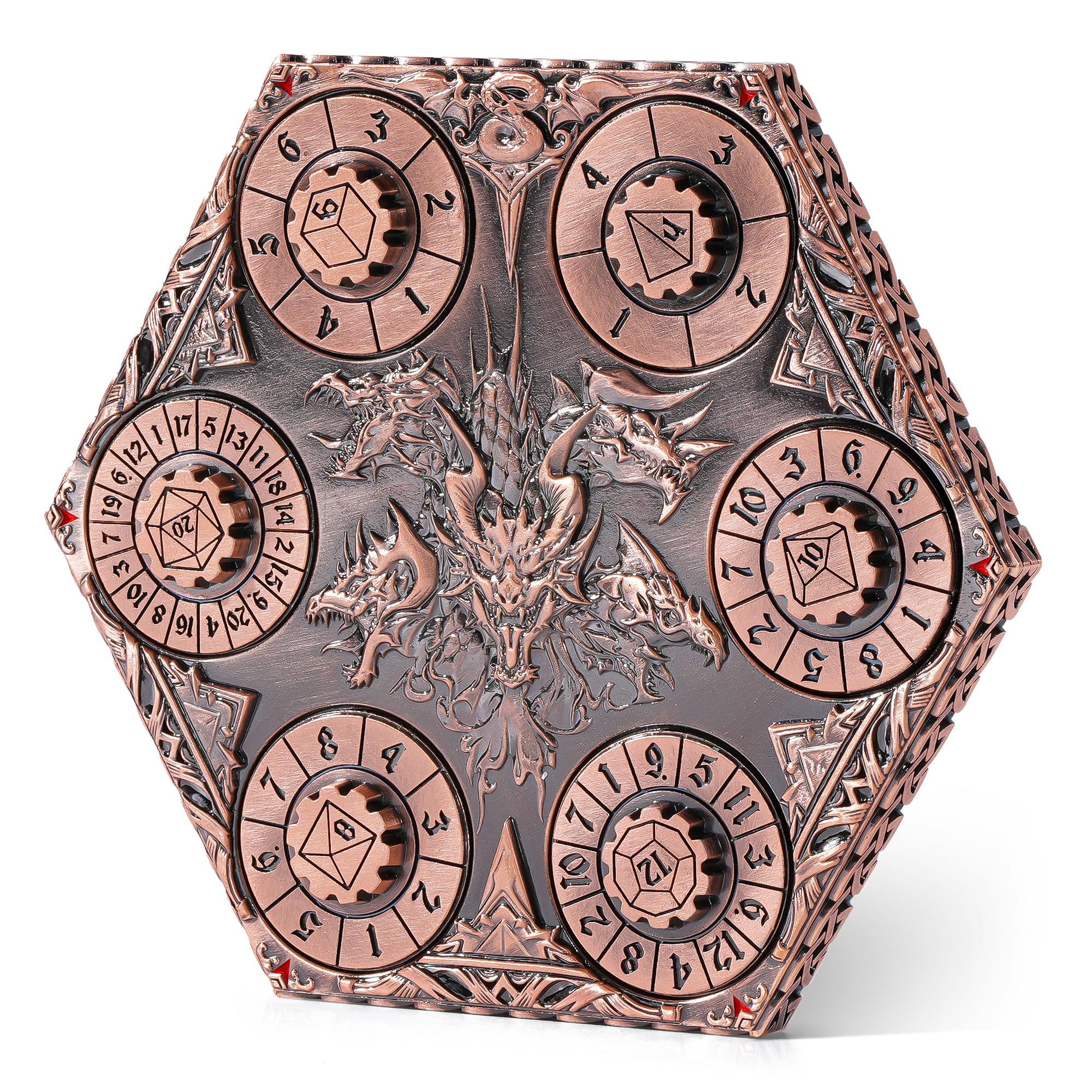 Kabinka DND - Juego de dados 7 en 1 de metal con esfera giratoria con bolsa de almacenamiento, dados portátiles de nudo celta D&D para juegos de mesa D4/D6/D8/D10/D12/D20 (cobre rojo)