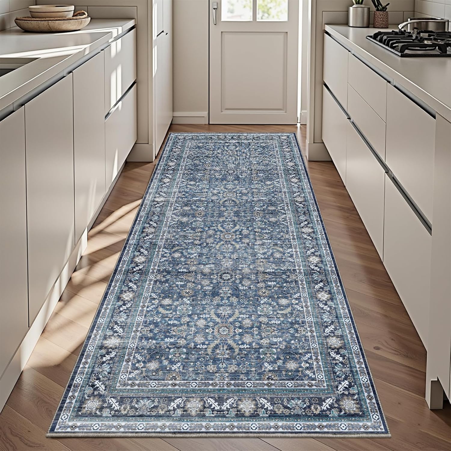 OPPODREAM Vintage Blue 3x6 Runner Rug, 3 x 6 Retro Washable Rug Non Slip, Low-Pile Faux Wool Carpet, Soft Distressed Navy Floor Mat for Kitchen, Hallway, Entry-Way, Entrance, Indoor Back Door