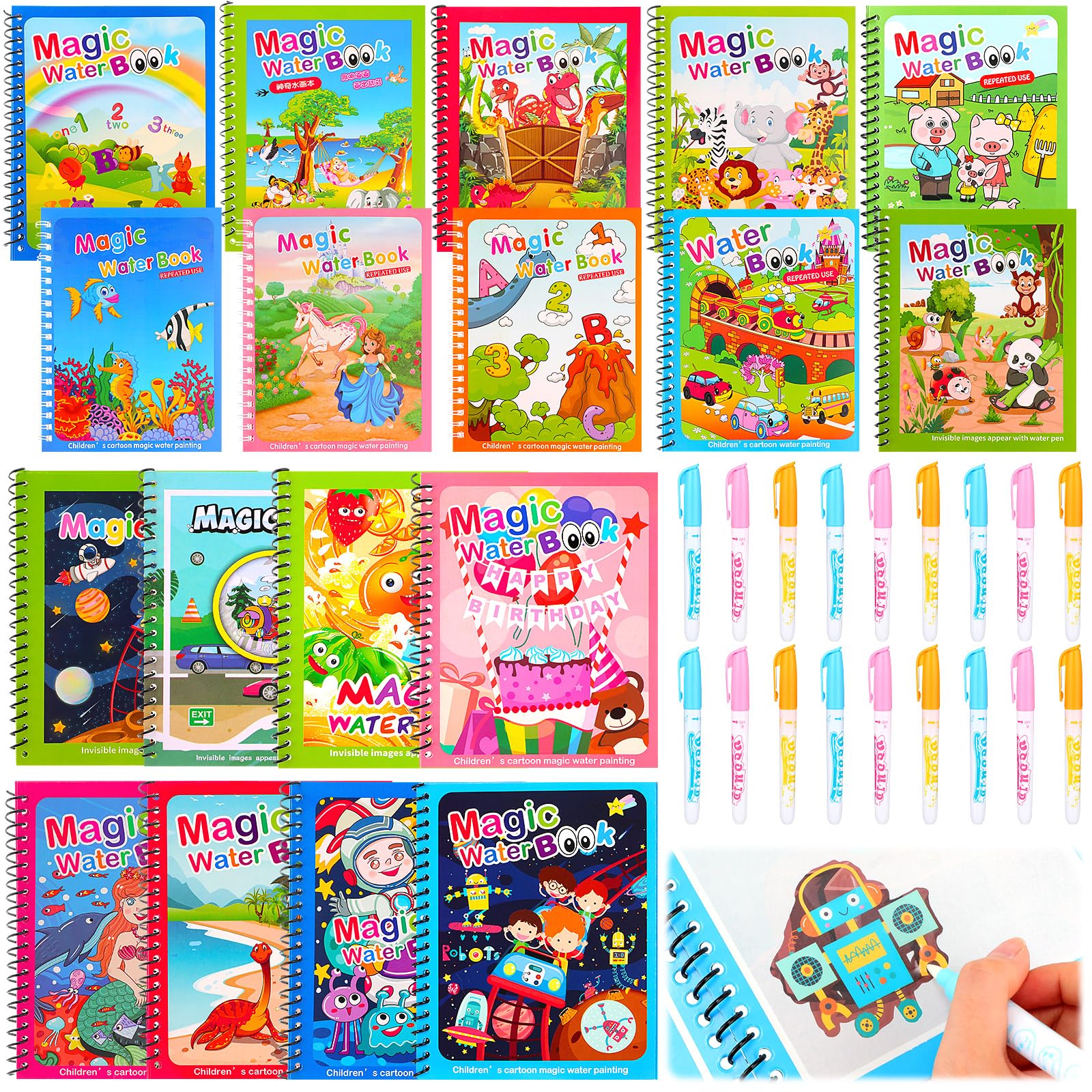 Qeeenar 18 Pcs Water Coloring Books for Toddlers Reusable Painting Book with Pens Mess Free Water Pen for Toddlers Dino Animal Themed Coloring for Boys and Girls Painting