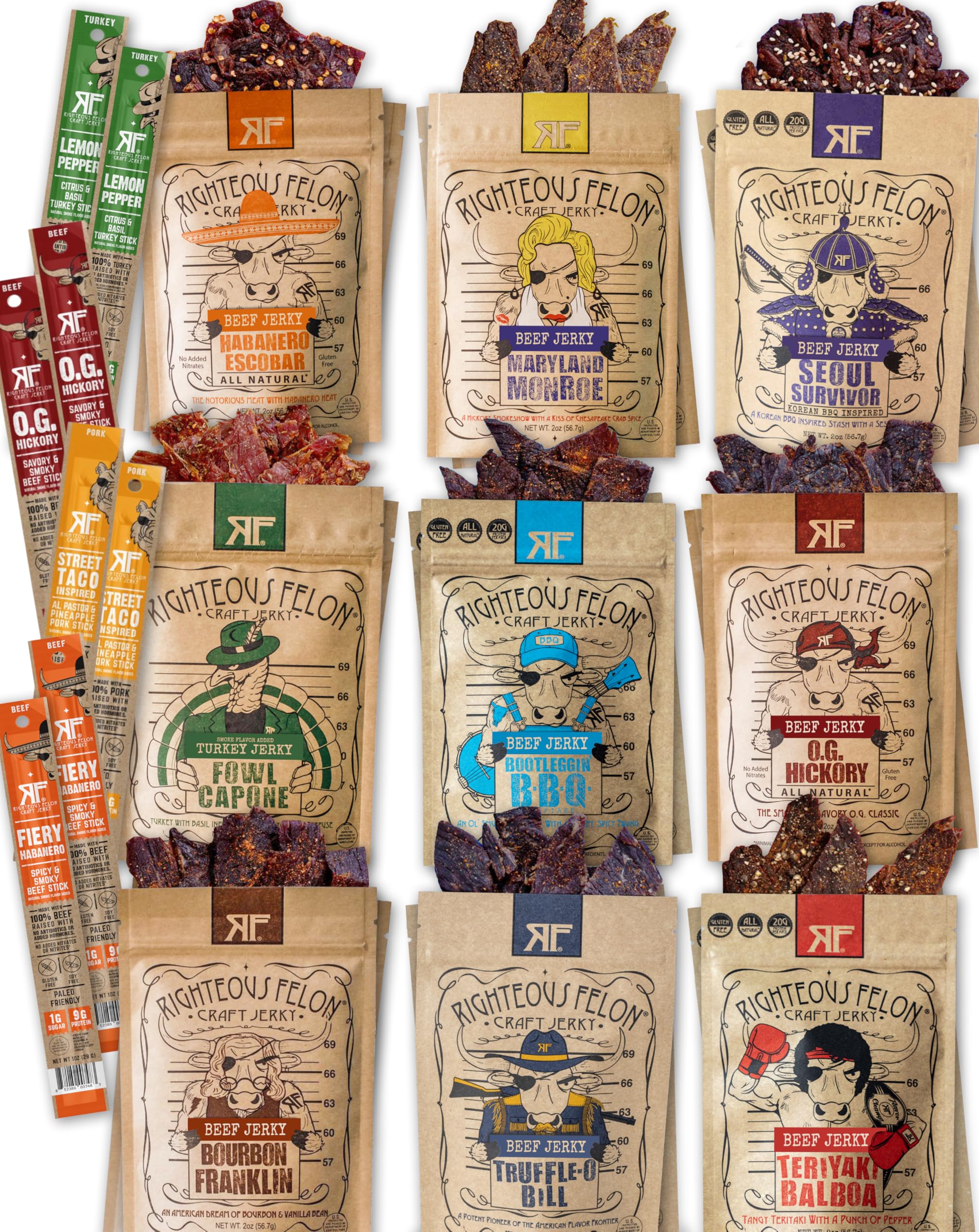 Righteous Felon Beef Jerky and Meat Sticks Variety Pack | High Protein, Low Carb, Low Sugar, Gluten Free | Made with Premium Meats | Valentines Day Gifts for Men (Noah's Ark 26 Pack)