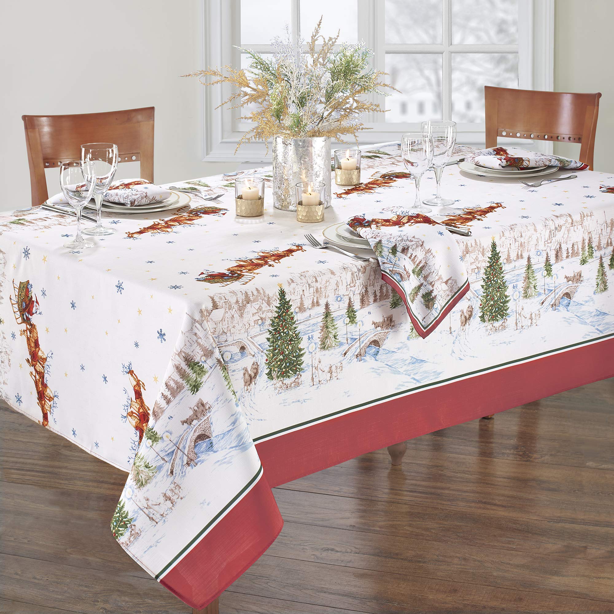Elrene Home Fashions Santa Snowy Sleighride Wrinkle Resistant Holiday/Christmas Tablecloth, 60"X84", Rectangle - Image 2