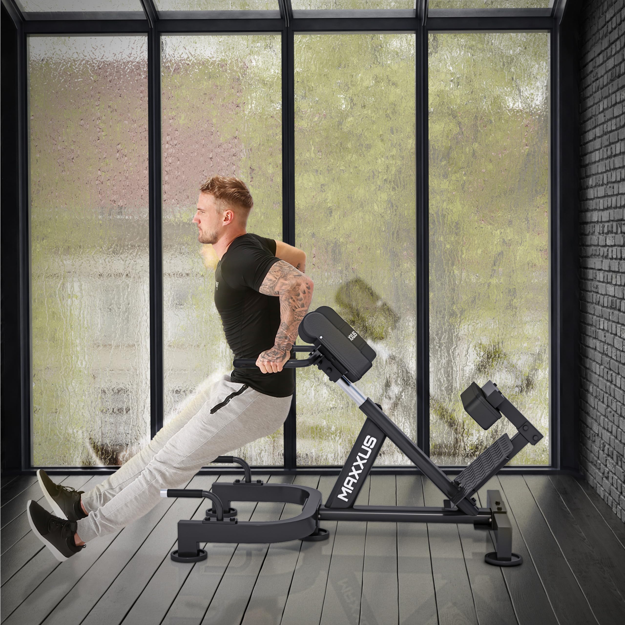 MAXXUS Hyperextension - Allenatore per la schiena, regolabile, fino a 150/180 kg, con fissaggio alle gambe, maniglie, per addominali, panca romana, allenamento multifunzionale, per casa, fitness