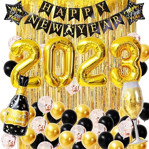 Suministros de fiesta de Año Nuevo 2023 decoraciones de Año Nuevo con globos de confeti negro y dorado cortinas de flecos de papel de aluminio telón