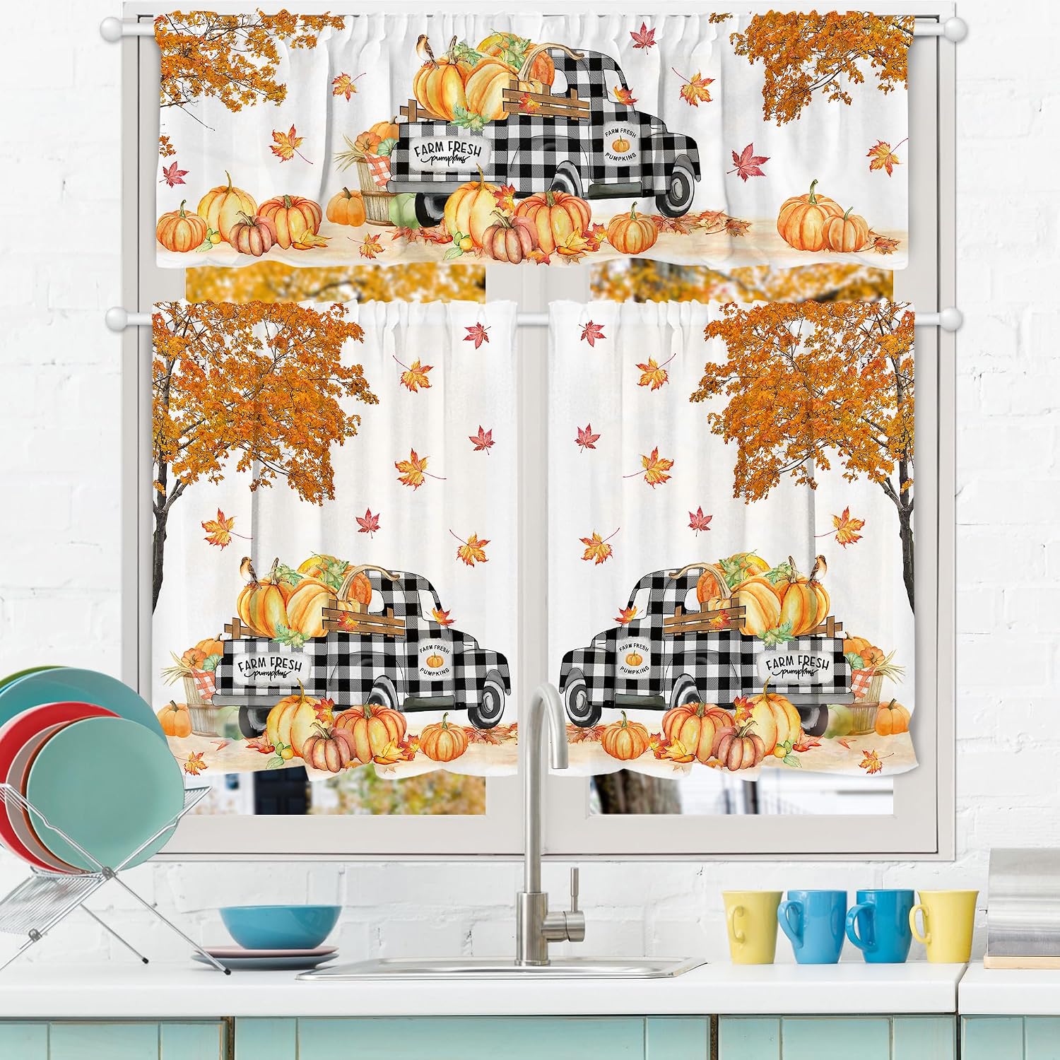 Hexagram Fall Kitchen Curtains 3 Piece Set, Fall Window Curtains Valance