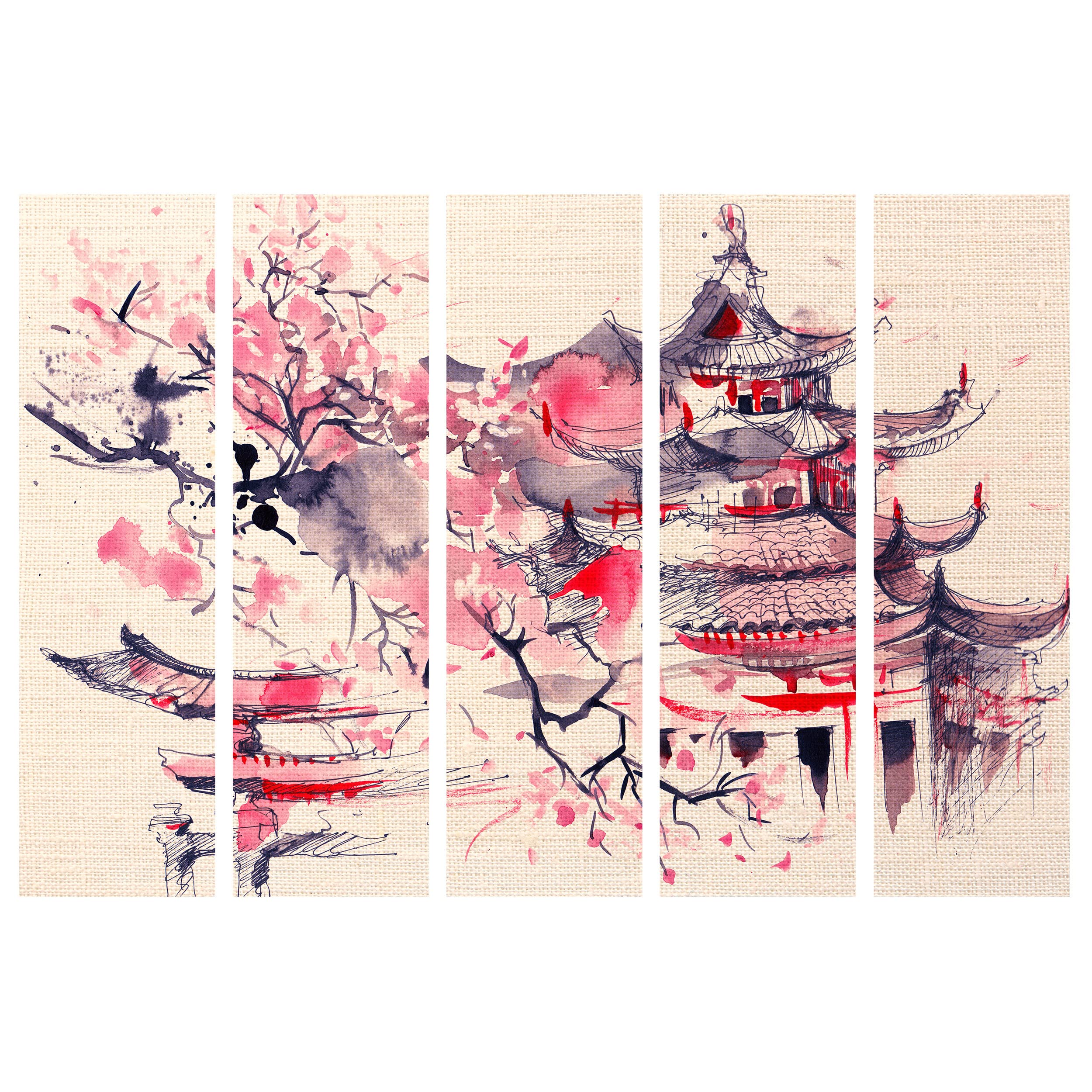 decomonkey 5 Panelli Paravento - 225 x 171cm Japan Flowers Divisorio Separè per la separazione degli ambienti la casa l'ufficio la spa