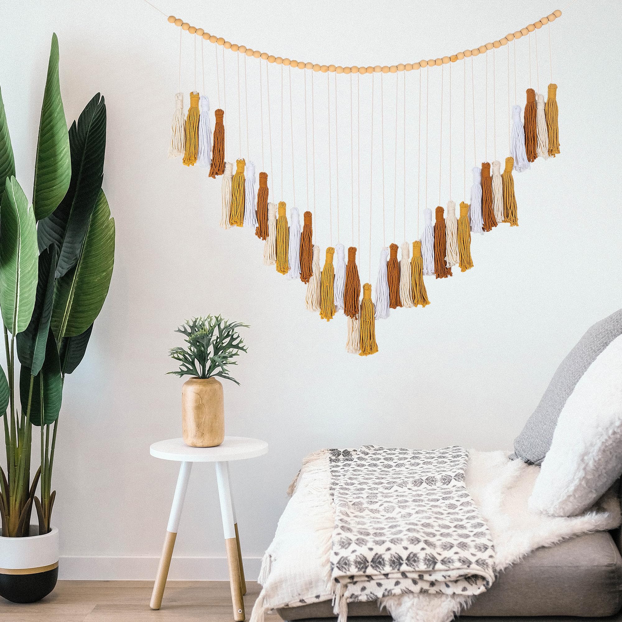 Boho Handwoven Macrame Photo Hanger - With Beech Wood Stick & 10 Clips, For Bedroom, Dorm, Office Decor