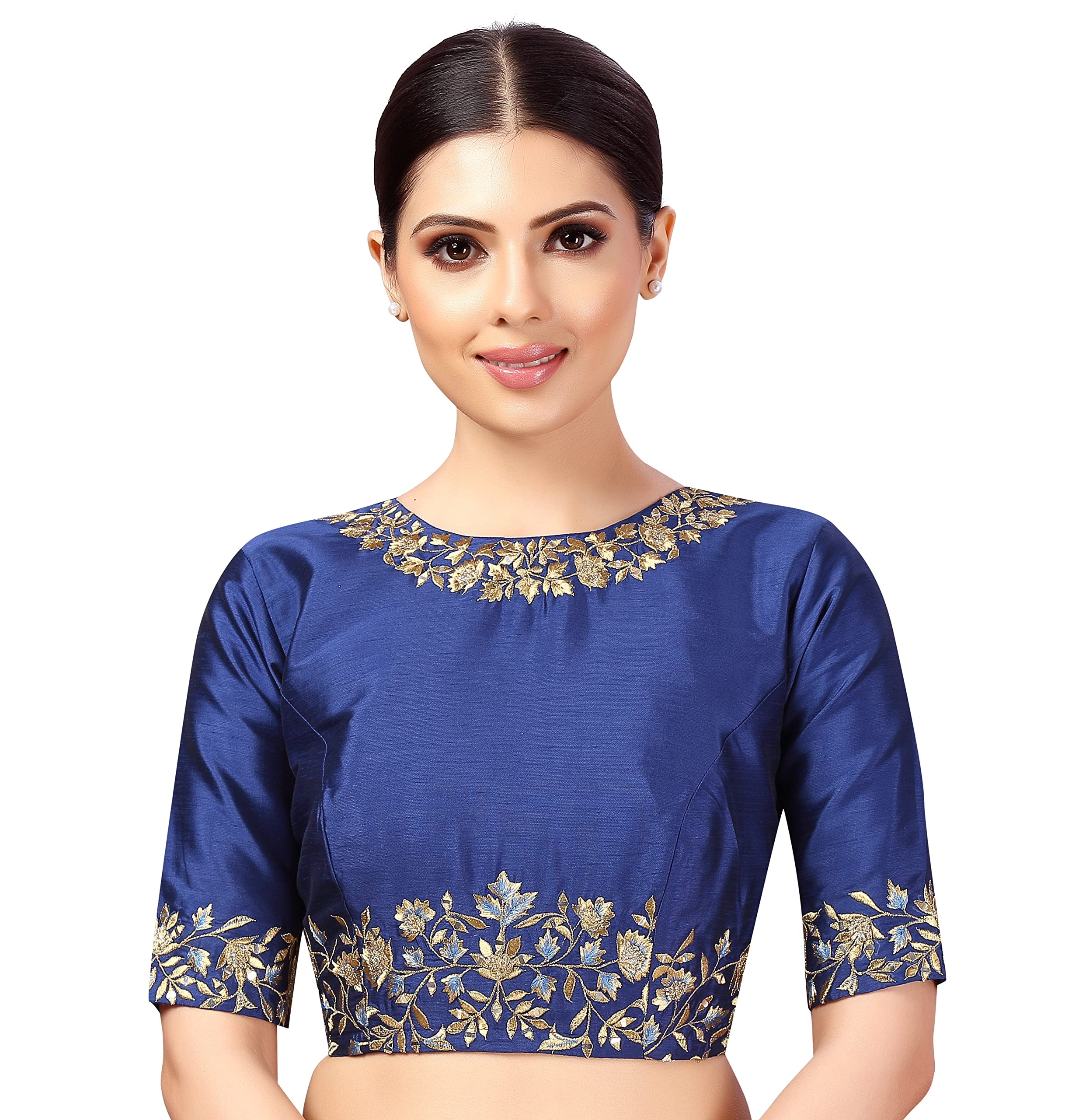 Studio Shringaar Women's Readymade Art Silk Embroidered Saree Blouse with Elbow Length Sleeves