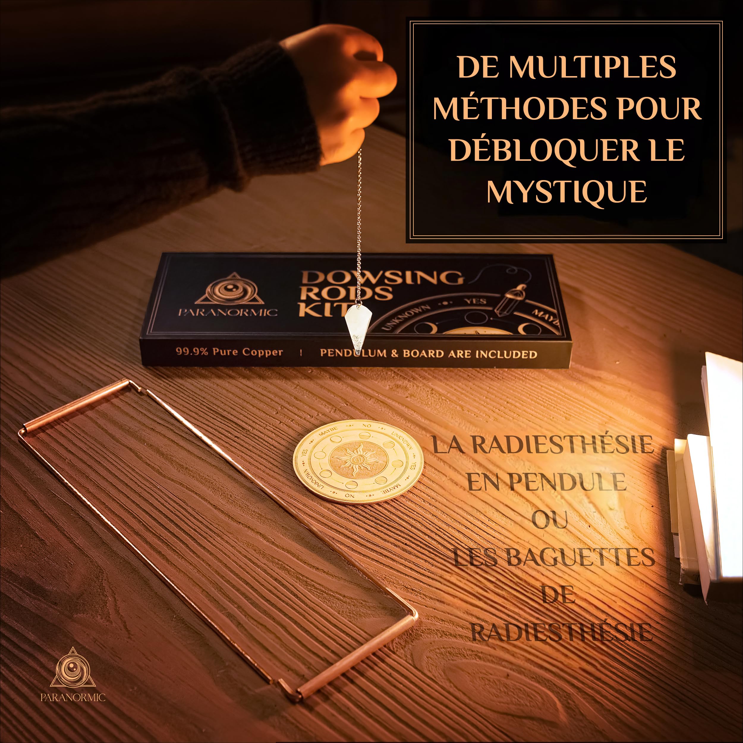 Kit Radiesthésie en Cuivre - 2 Baguettes de Sourcier avec Pendule Quartz, Quartz naturel, poignées rotatives, tapis de radiesthésie et pochette pour divination, débutants et praticiens