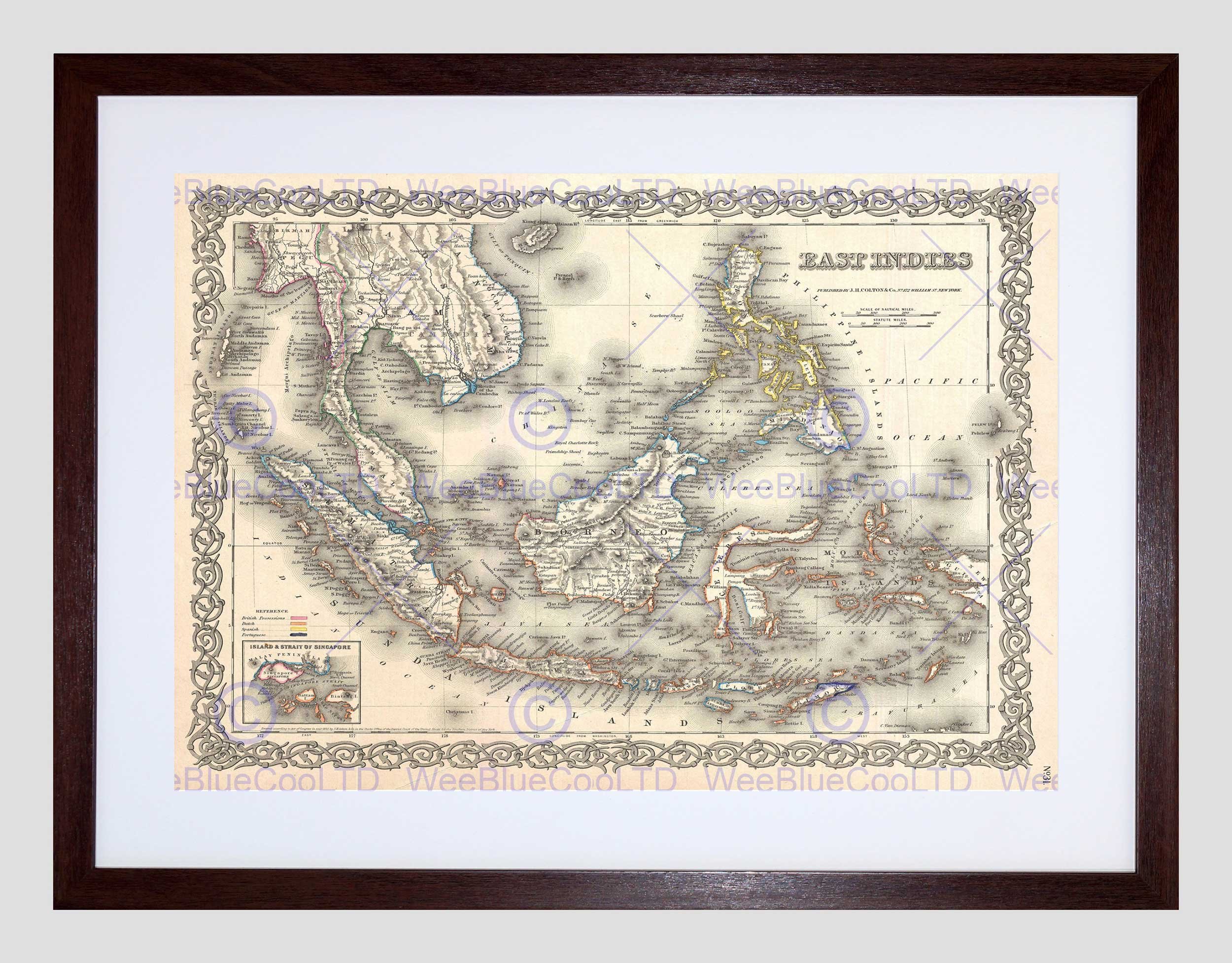 Wee Blue Coo 1855 Colton Map The East Indies Singapore Thailand Borneo Framed Wall Art Print