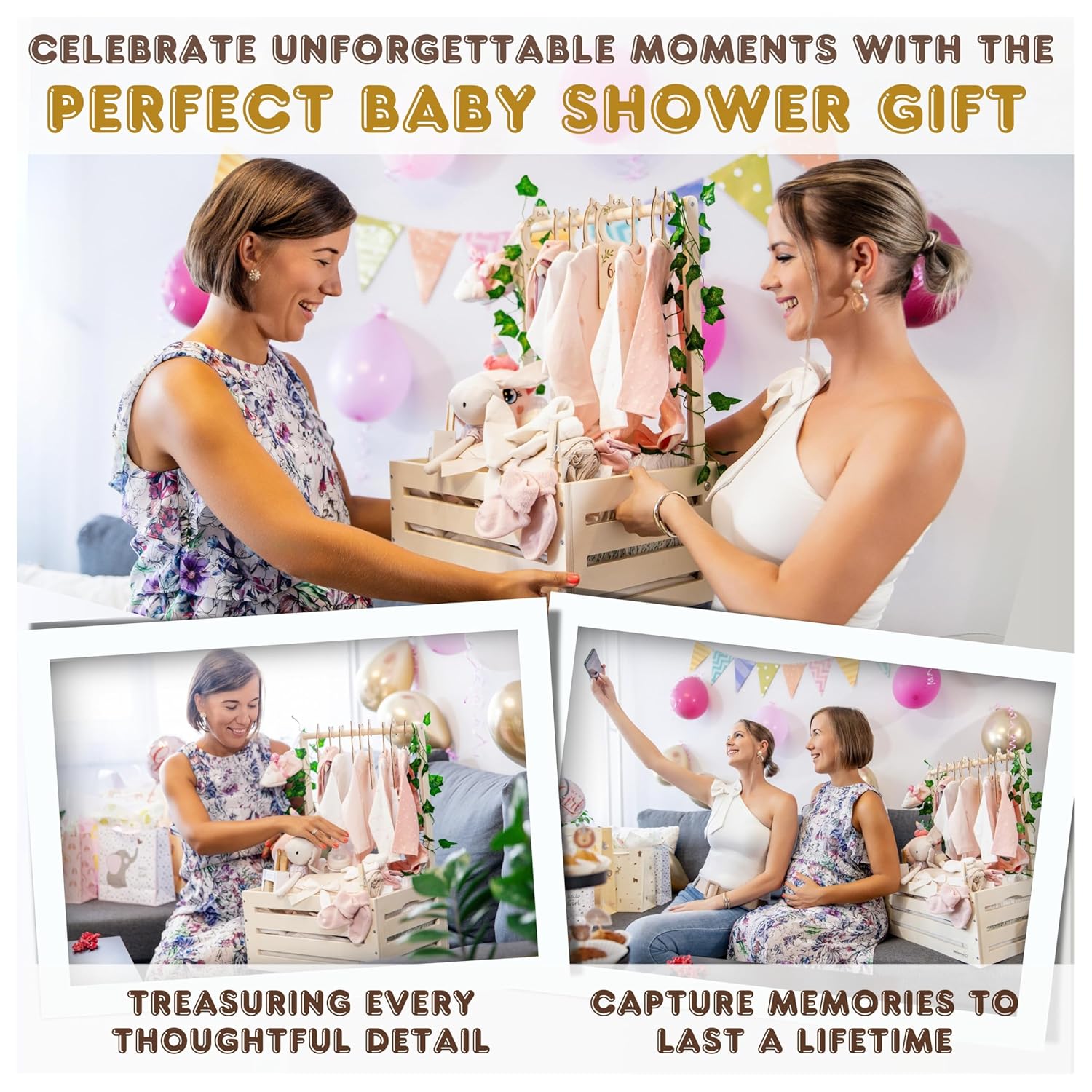 Wooden Baby Shower Crate Closet with Clothes Hangers & Dividers, Large Gift Basket for Boys & Girls, Wood Box Storage & Display with Handles & Ivy Garland, Welcome Gifts for New Parents.