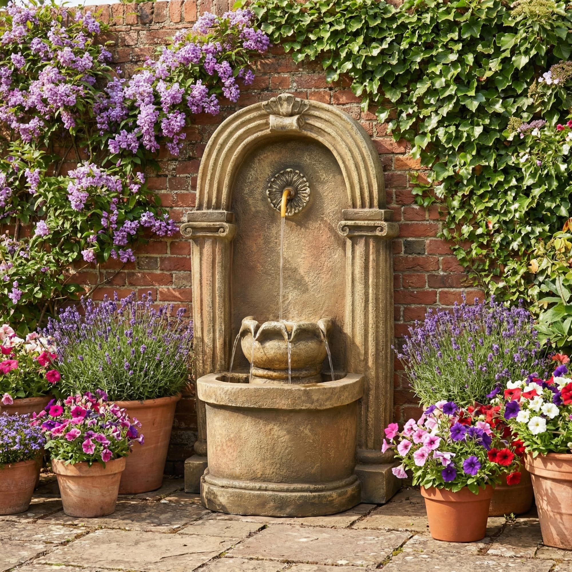 Fontana da giardino, fontana decorativa, stile antico, 230 V, gioco d'acqua per giardino, laghetto da giardino, terrazza, balcone, rubinetto, bacino, in piedi, design ad arco (marrone-1)