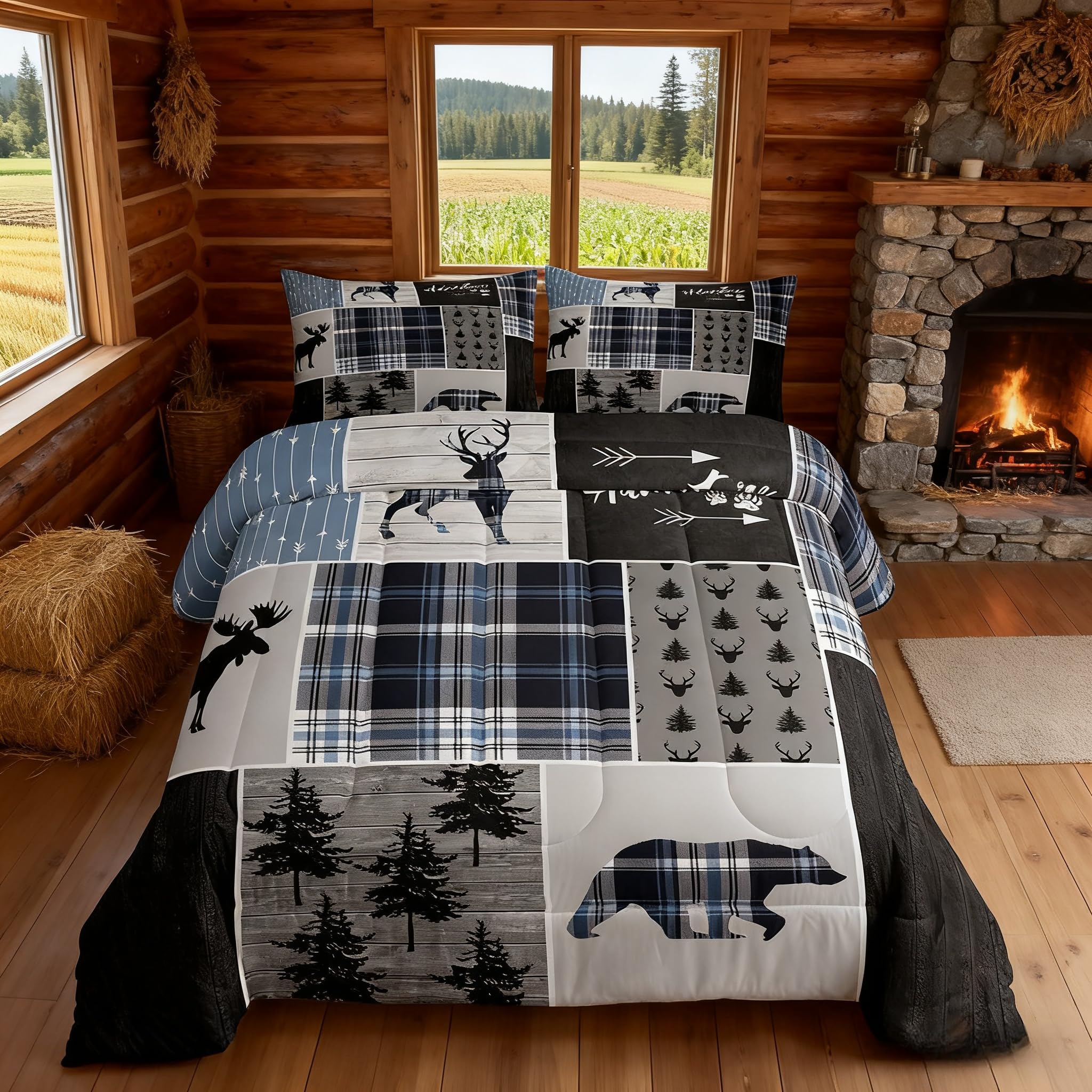 Rustic Adventure Kids Comforter Set Twin Size,Deer Bear Pine Trees Xmas Bedding Set for Boys Girls Adults Room Decor,Plaids Arrows Wooden Patchwork