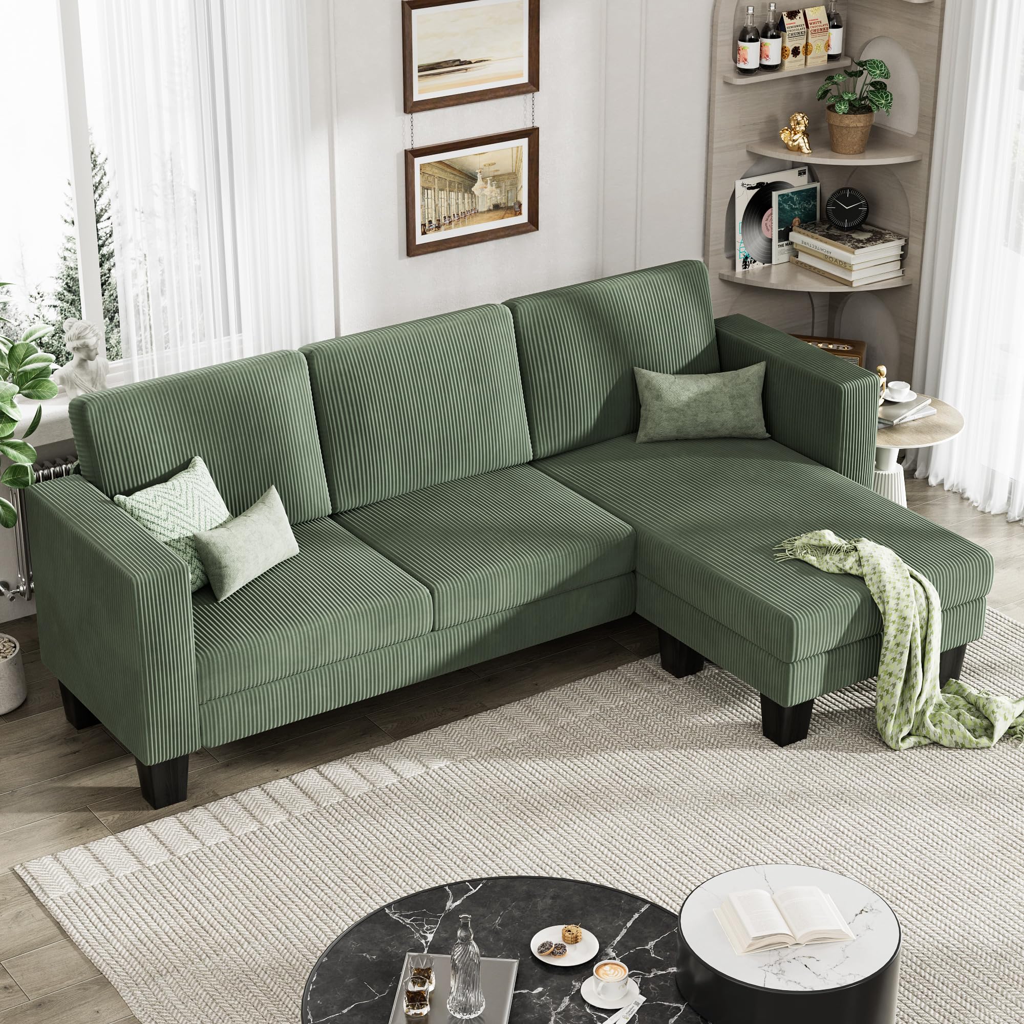 ( similar ) ( incomplete ) ( box 2 of 2 ) YESHOMY L-Shaped Convertible Sectional Sofa 3 Seater with Corduroy Fabric, Complete with Mobile Footrest, for Living Room, Apartment and Office, 70", Green