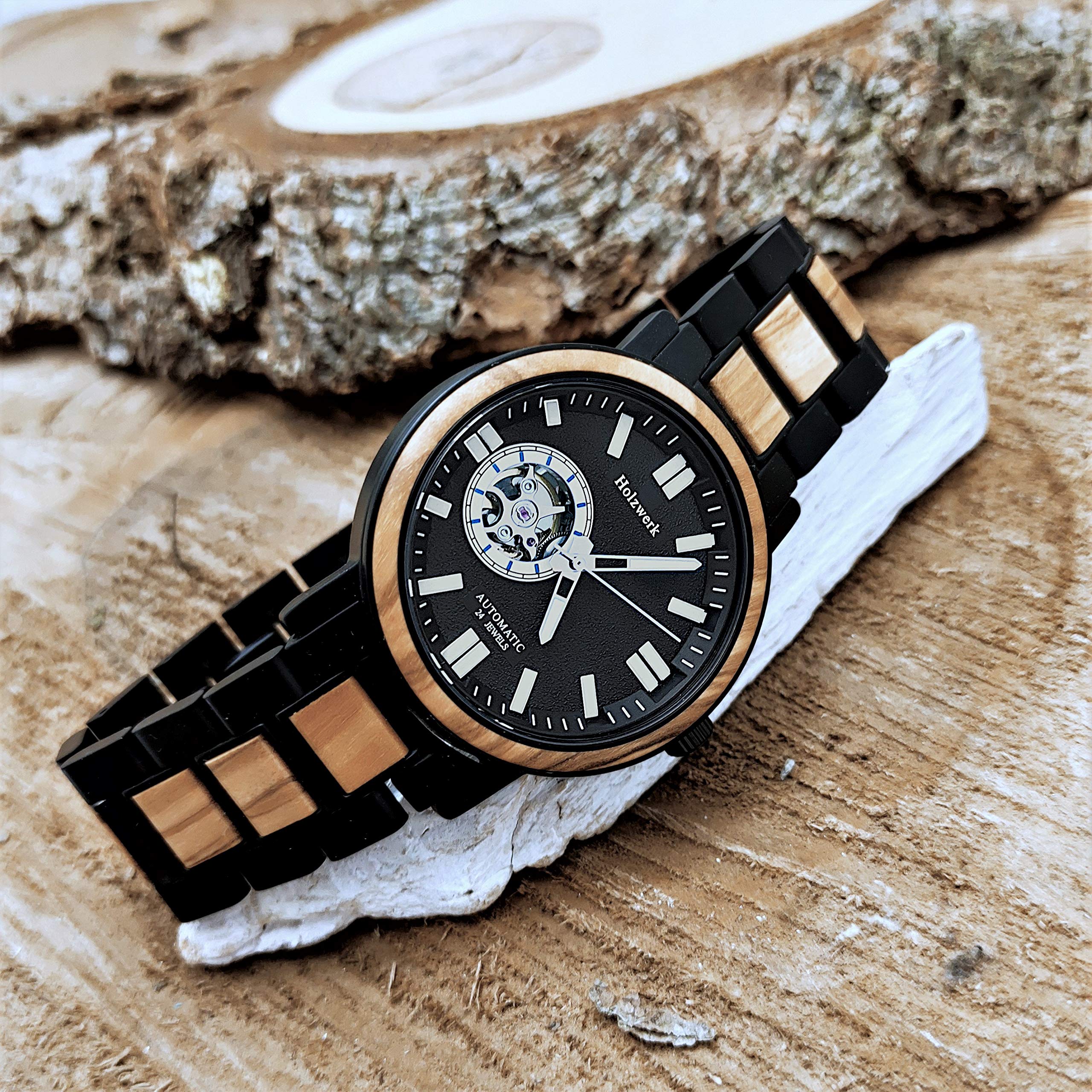 Holzwerk Germany Ręcznie wykonany automatyczny zegarek męski ekologiczny naturalny drewniany zegarek bransoletka zegarek brązowy czarny niebieski