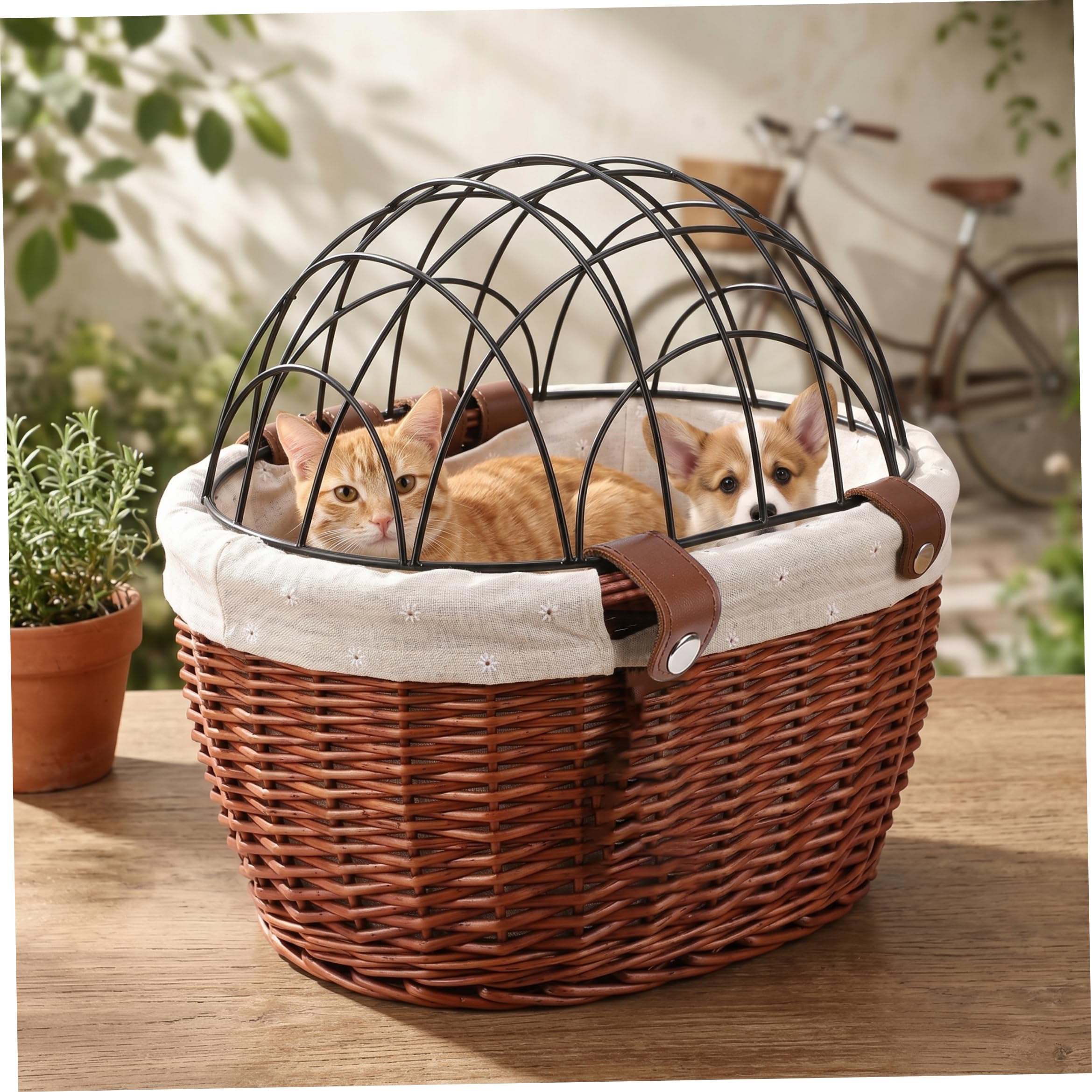 Cestino per cani da bicicletta vintage – Trasportino per animali in vimini intrecciato a mano con coperchio in ferro e cinghie di sicurezza pelle, marrone
