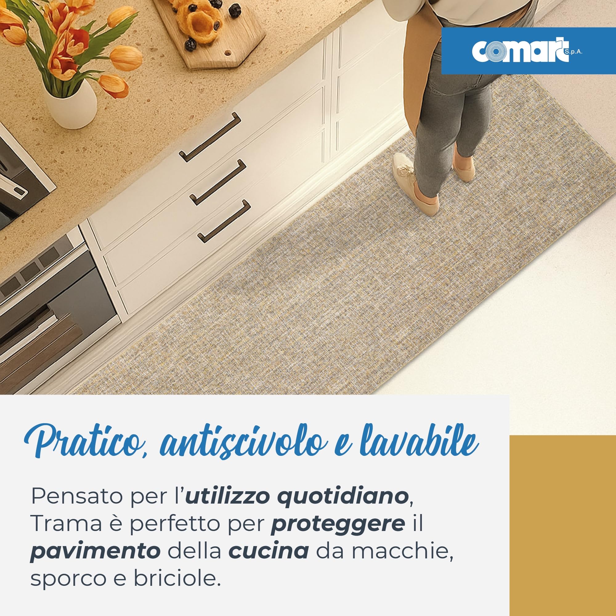 Comart - Tappeto Cucina Trama - 50x240 cm - Antiscivolo - Assorbente - Facile da Pulire - Passatoia in Poliestere Intrecciato - Resistente - Moderno - Runner per Corridoio e Entrata - Beige