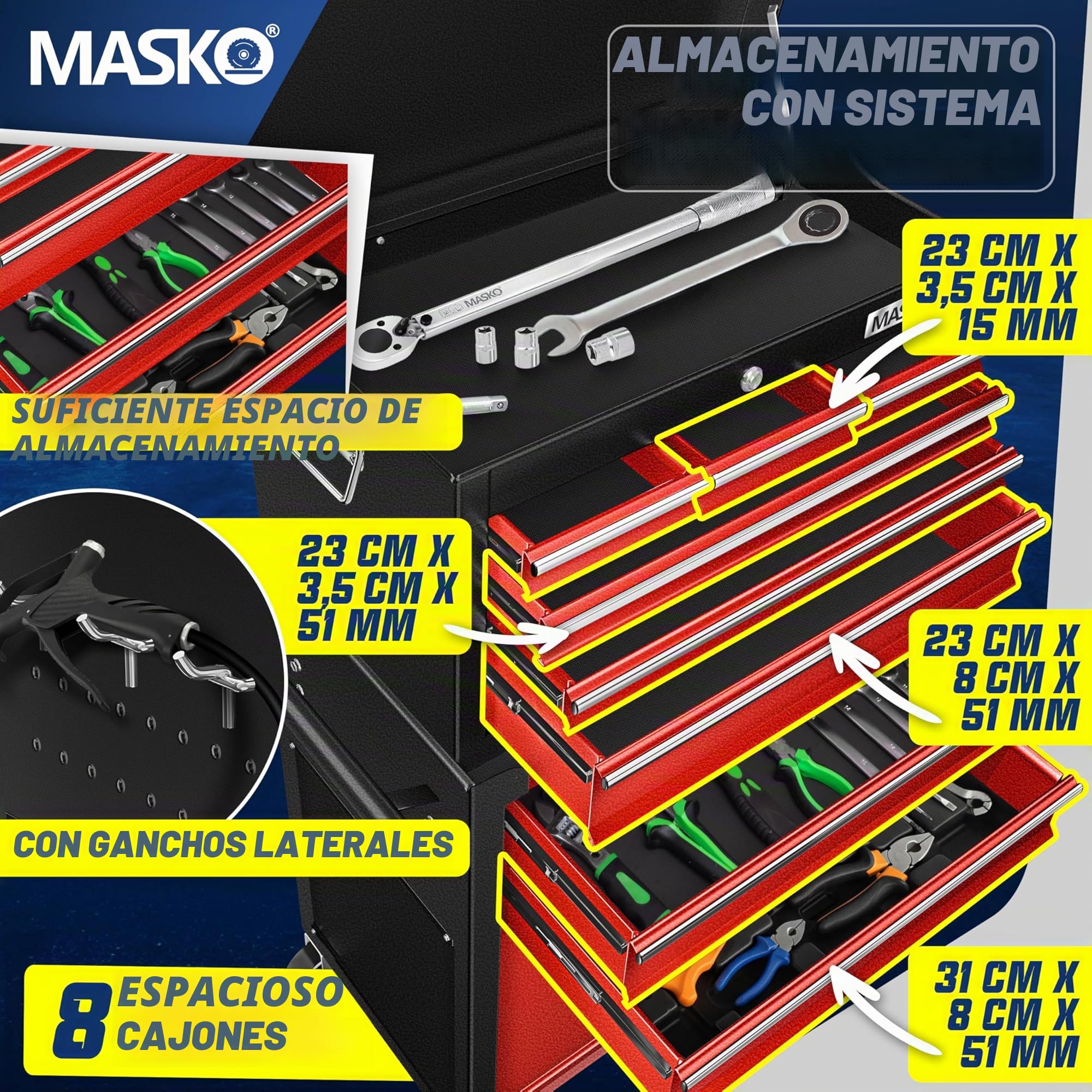 MASKO® Carro de taller con maletín incluido, 9 compartimentos con cerradura metal macizo, sin herramientas, para guardar herramientas, rojo