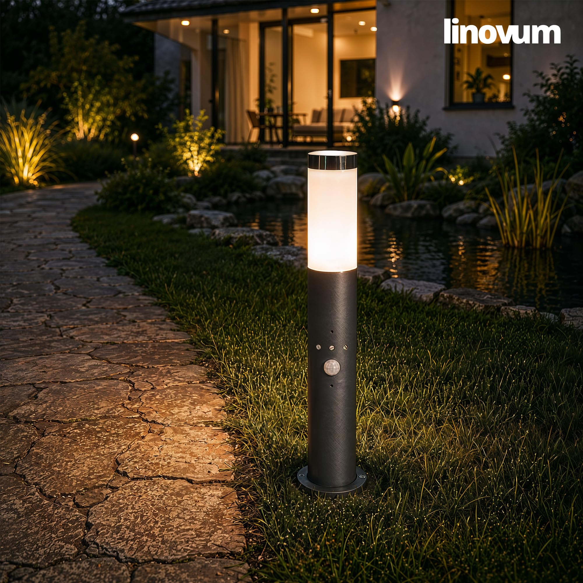 linovum 2x BOSEA-B Wegeleuchte mit Bewegungsmelder anthrazit - Standleuchte für E27 Pollerleuchte 50cm Gartenlampe IP44 Dämmerungssensor