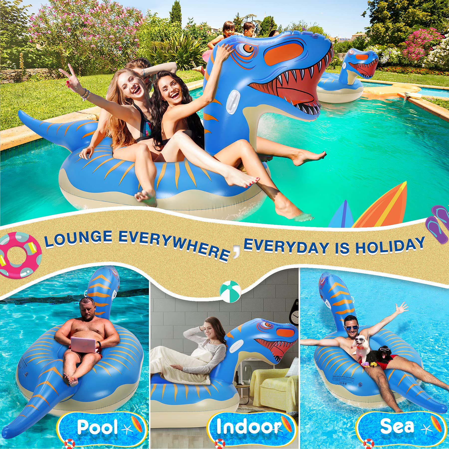 Géant Bouée Dinosaure, 275×115×100cm Bouee Dinosaure Gonflable - Durable et Sûr avec 2 Trou Gonflable et 1 Patch Autocollant, Jouets De Plage et Océan D'été Adapté pour Adultes et Enfants