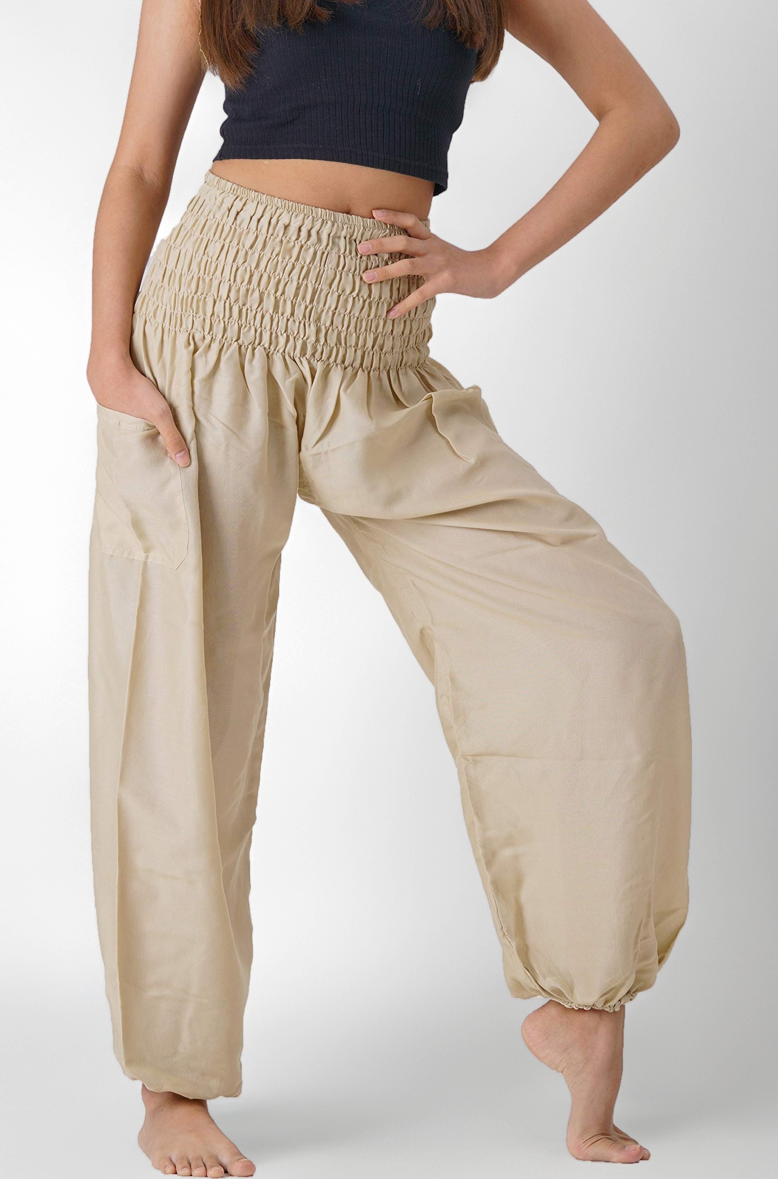 Women's Harem Hippie Pants Boho Clothing (Beige, One Size)