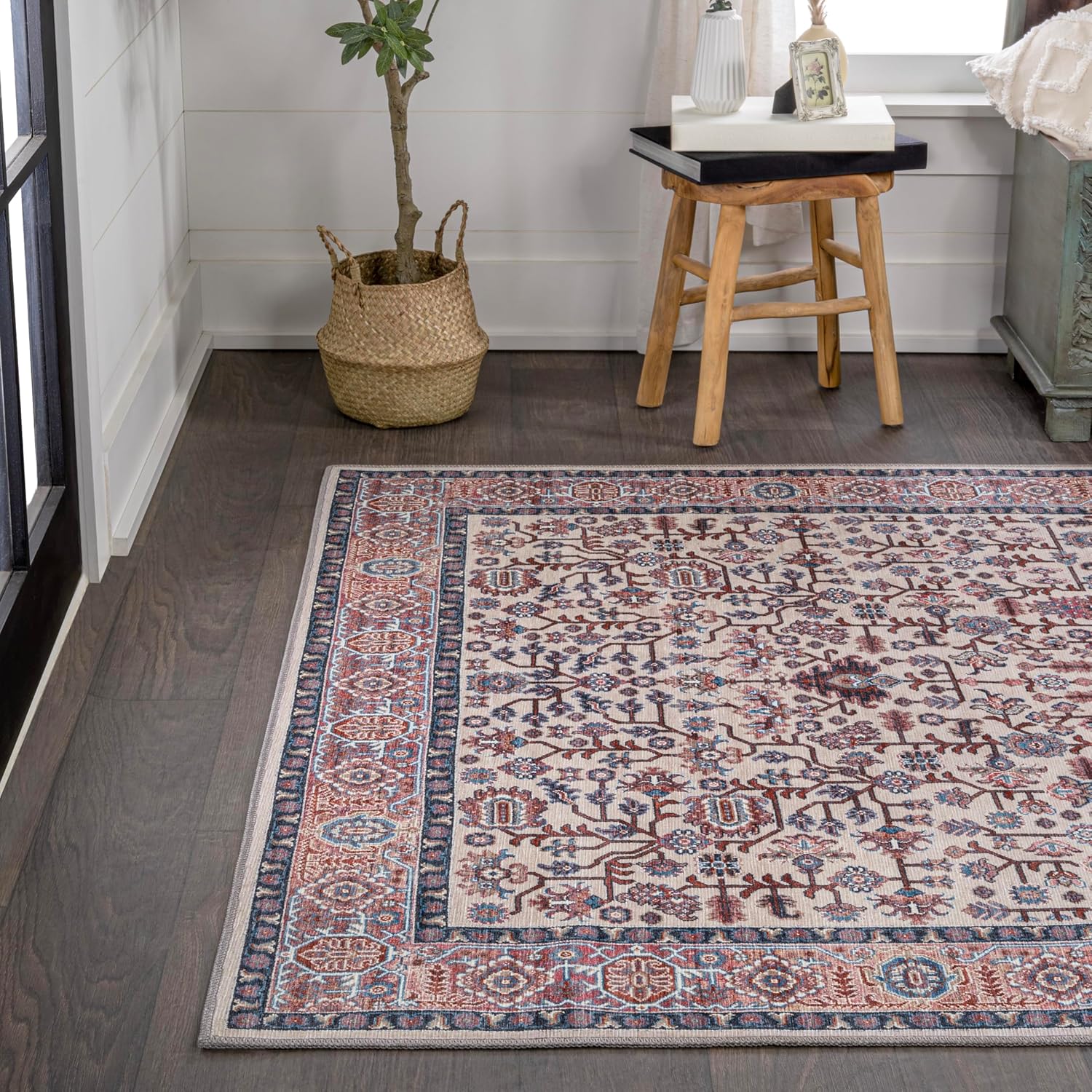 JONATHAN Y Machine Washable Beige/Red/Blue Indoor Area Rug 3X5 ft, Kemer for Living Room, Bedroom, Kitchen, Office, Easy-Cleaning, High Traffic, Pet-Friendly, Non-Shedding WSH104C-3
