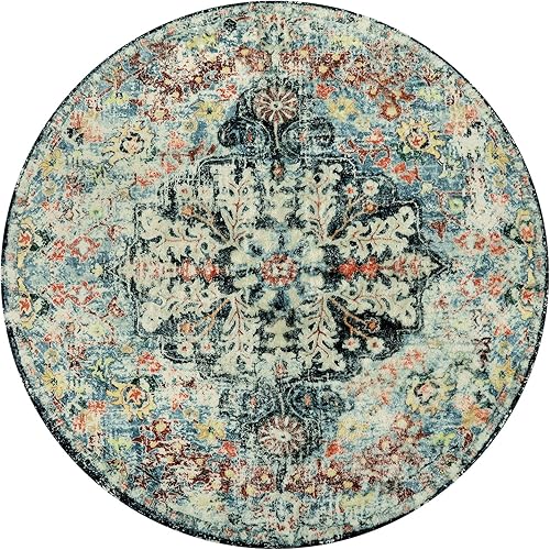 Miniatura 9 de Lahome Alfombra redonda de medallón floral bohemio, alfombra redonda de entrada de 4 pies, alfombra circular suave para baño, color verde azulado,