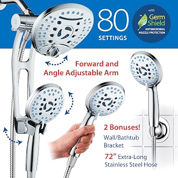 Hotel Spa AquaCare As-Seen-On-TV High Pressure Handheld/Rain 80-mode 3-way Shower Head Combo with Adjustable Arm - Anti-clog Nozzles, Tub & Pet Power Wash, 6 ft. Hose, All Chrome Finish
