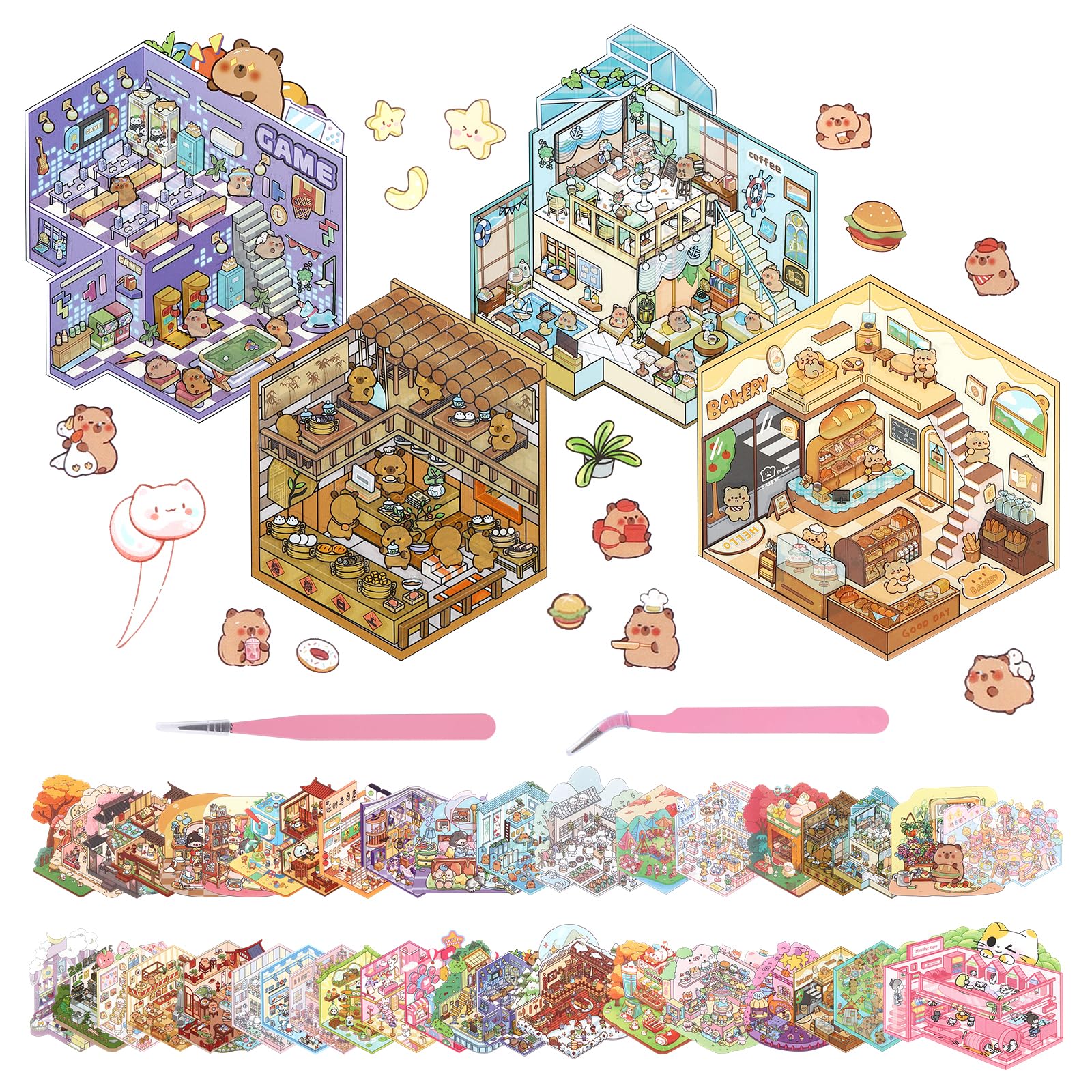 40 Sets 3D Sticker Scene Book DIY 3D House Stickers Kit with 2 Tweezers, Miniature Scene Therapy for Kids and Adults, Stress Relief Sticker Scenes Creative & Reusable DIY Stickers Book (40 set)