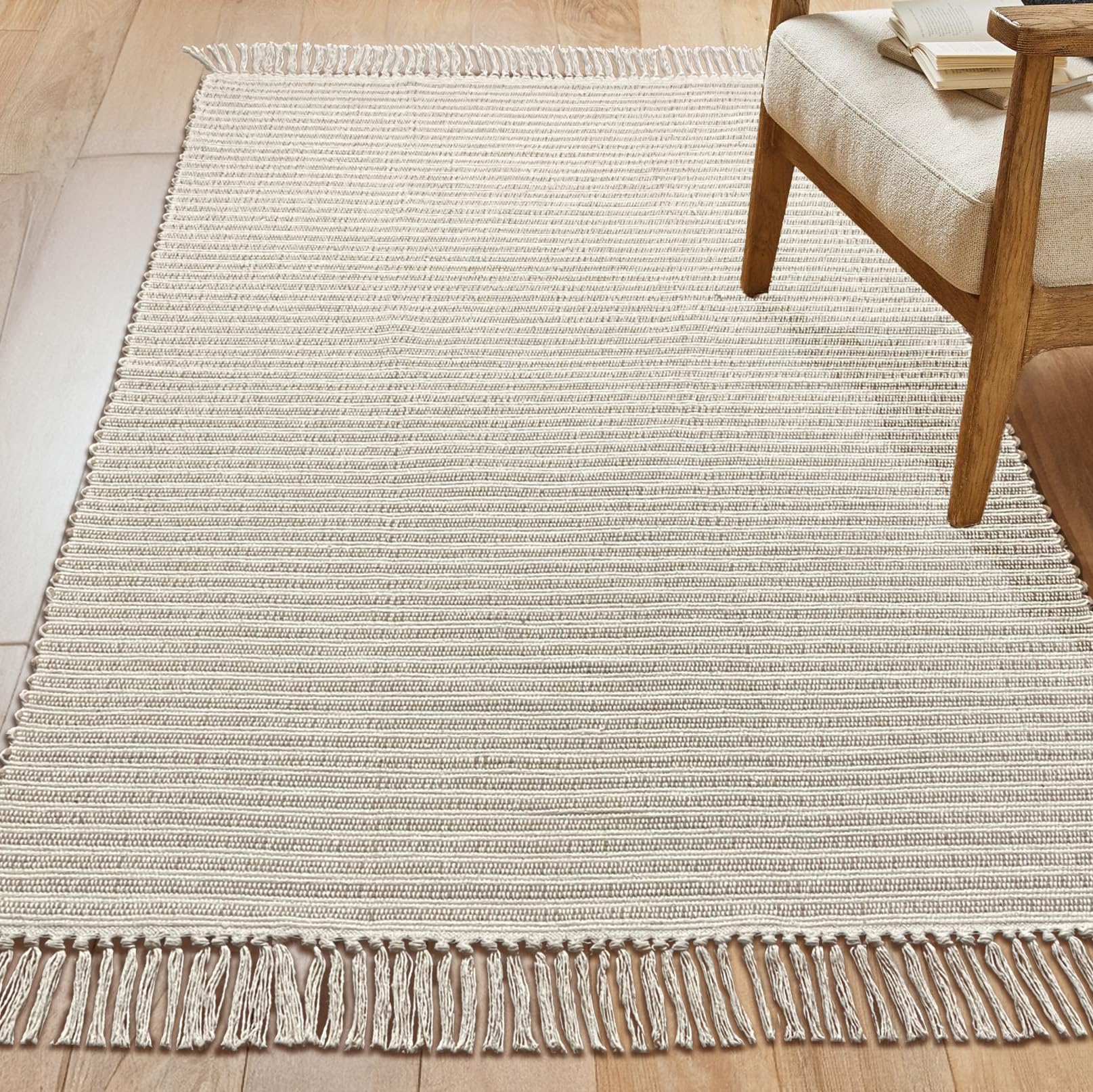 Chardin home Beige & Ivory Providence Area Rug 4x6 feet |Hand Woven Farmhouse Rug with Hand Knotted Fringes | Great in Kitchens bathrooms Living Rooms